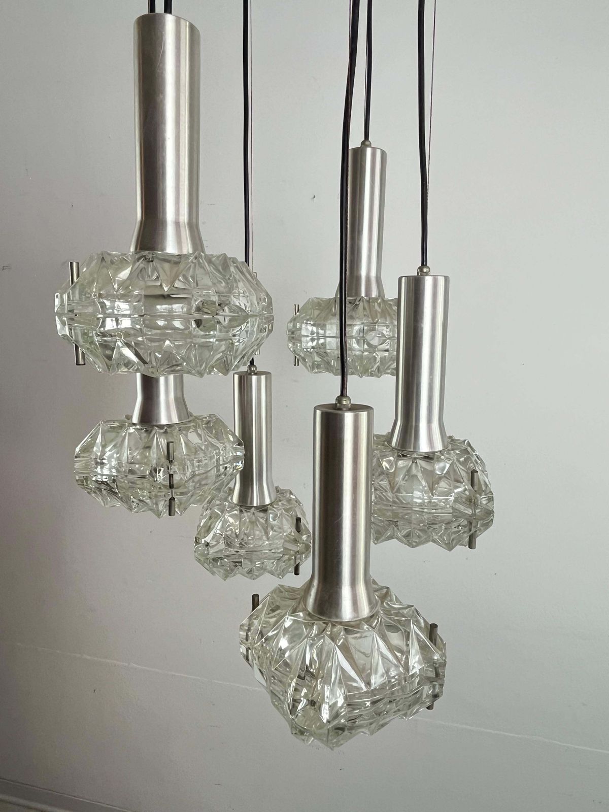 photo for sale 6 Light Cascade Steel And Crystal Chandelier 1970s Italian Design