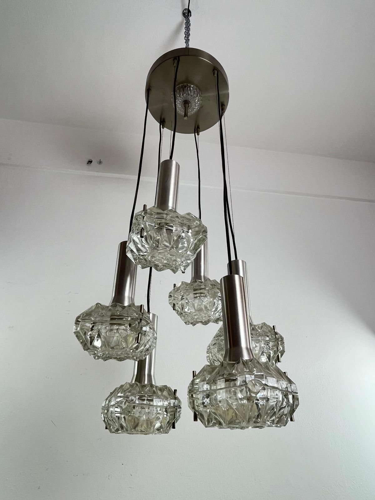 845.0 6 Light Cascade Steel And Crystal Chandelier 1970s Italian Design photo
