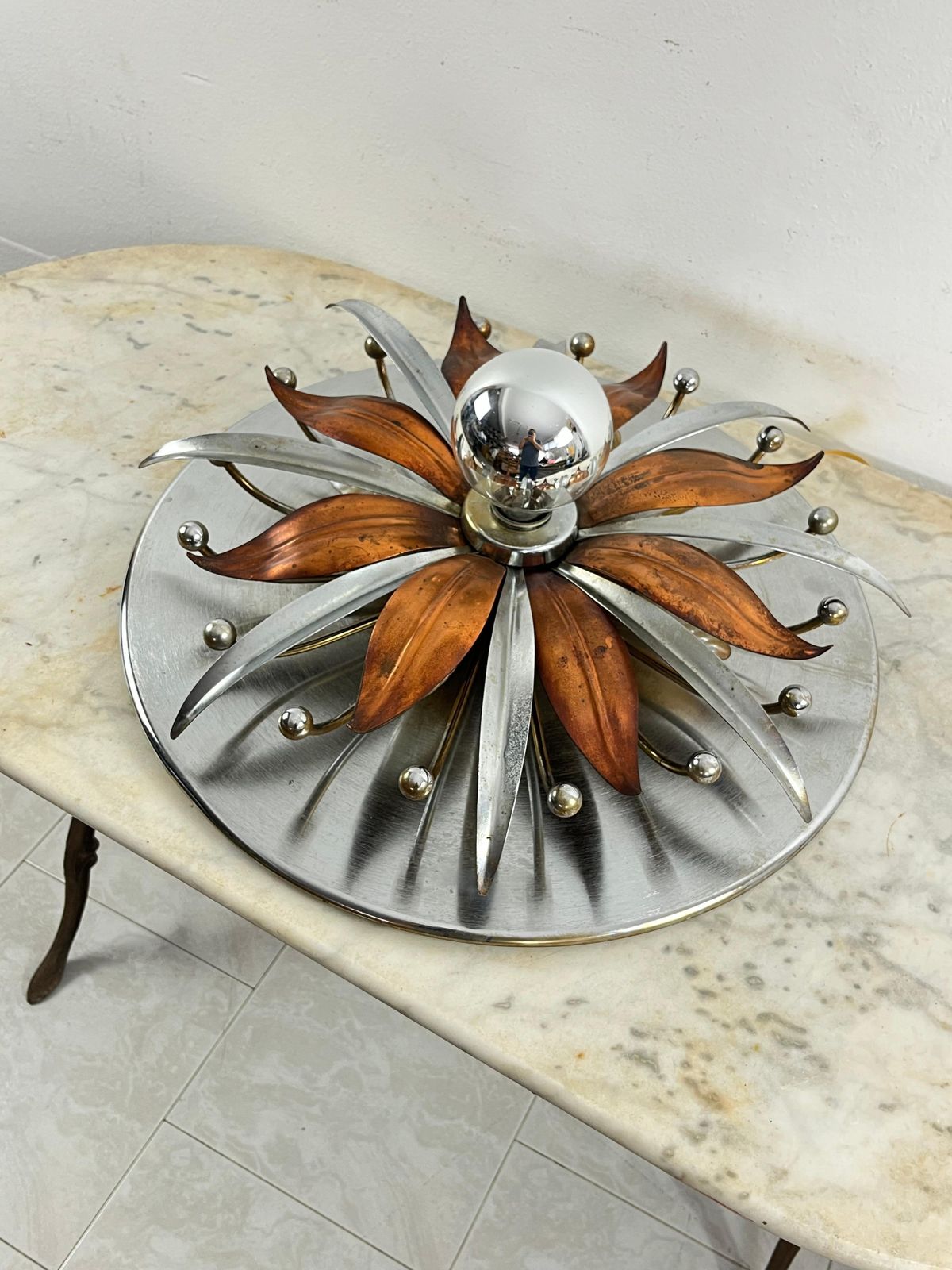 Mid Century Steel And Copper 5 Light Ceiling Light, Made In Italy 1960s photo for sale