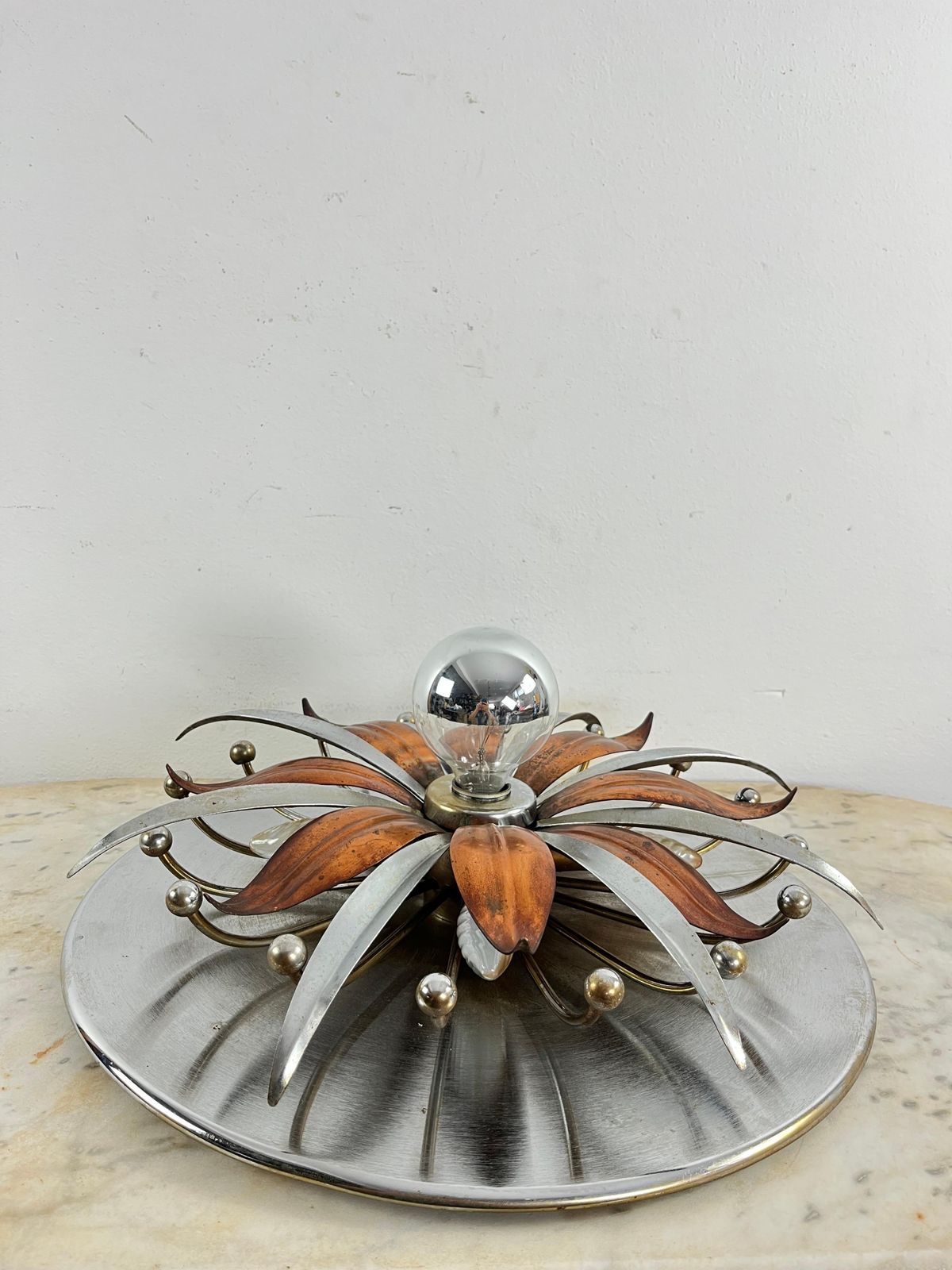 Mid Century Steel And Copper 5 Light Ceiling Light, Made In Italy 1960s photo vinterior
