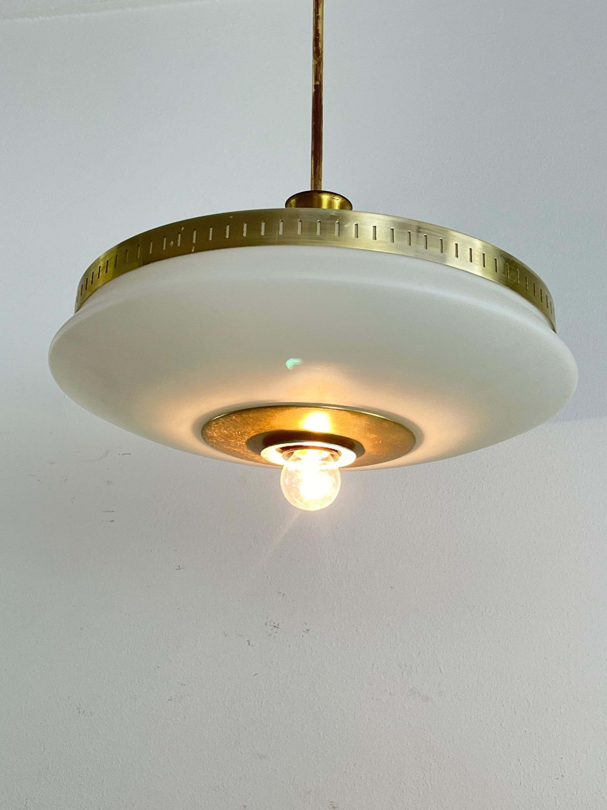 Mid Century Stilux Milano Chandelier In Opaline Glass, Perspex And Brass 1960s photo for sale