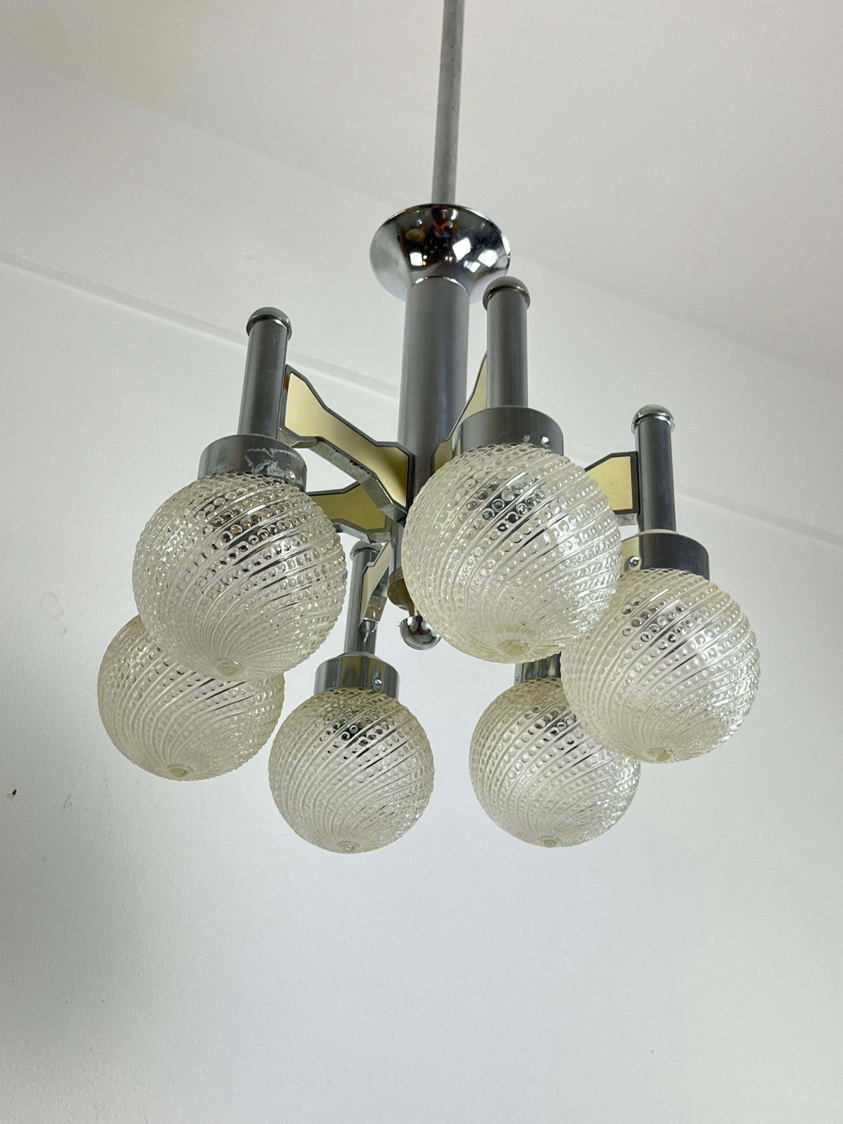 Vintage Six Light Steel And Murano Glass Chandelier Attributed To L. Frigerio photo furniture