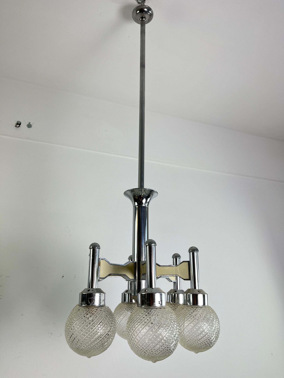 photo for sale Vintage Six Light Steel And Murano Glass Chandelier Attributed To L. Frigerio