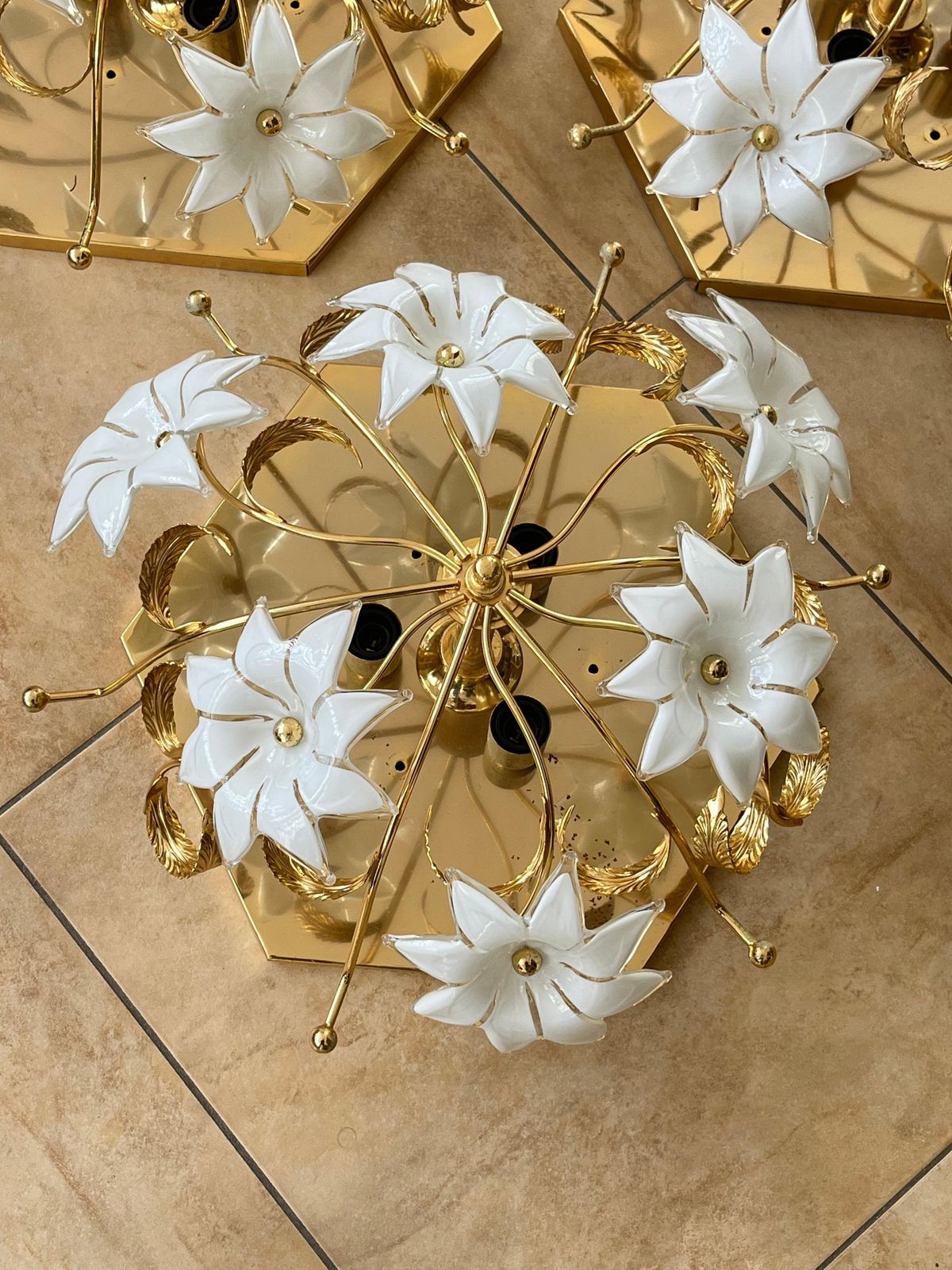 Set Of 3 Midcentury Floral Murano Glass Ceiling Lights, 1960s photo for sale