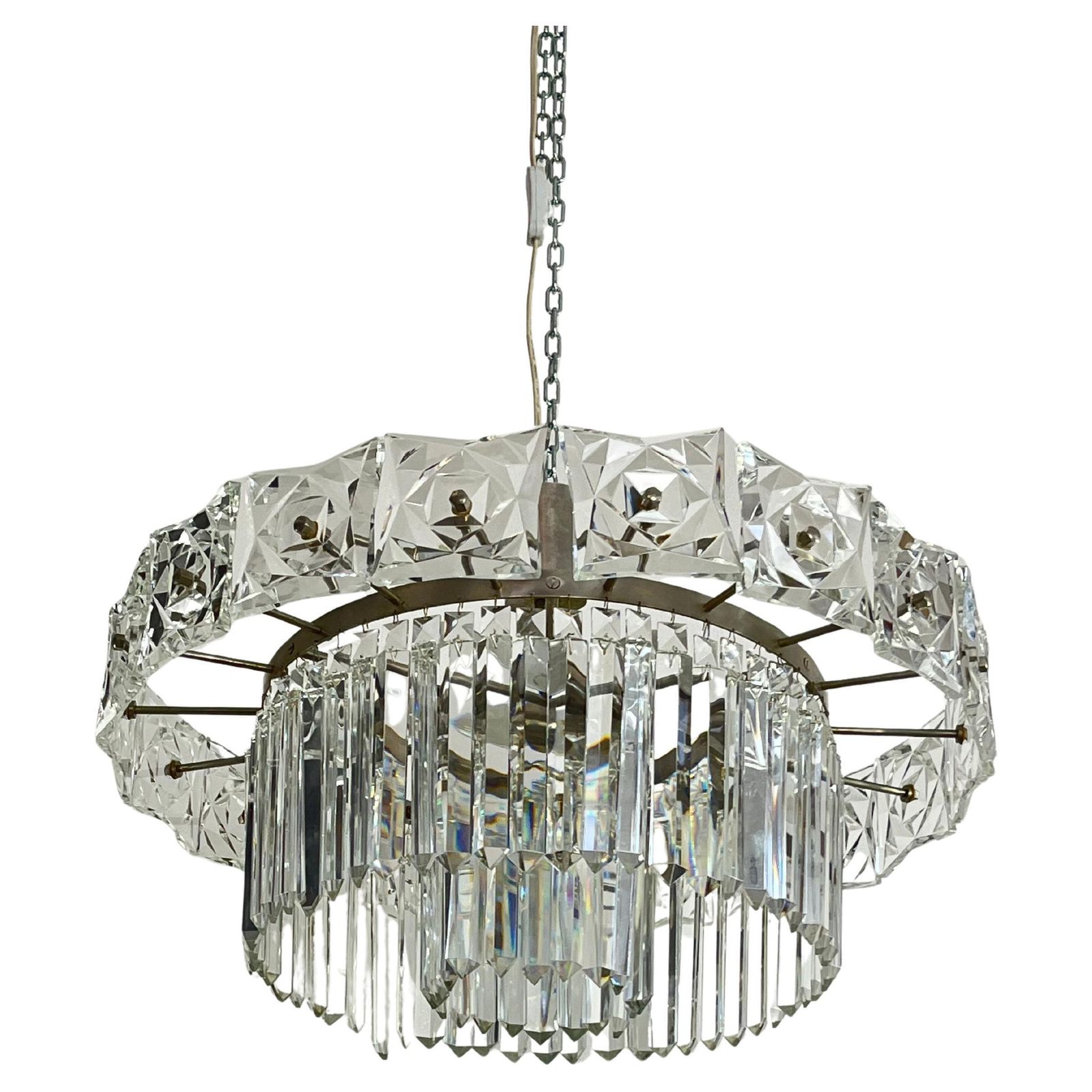 Mid Century French 7 Light Chandelier With Crystals, 1960s