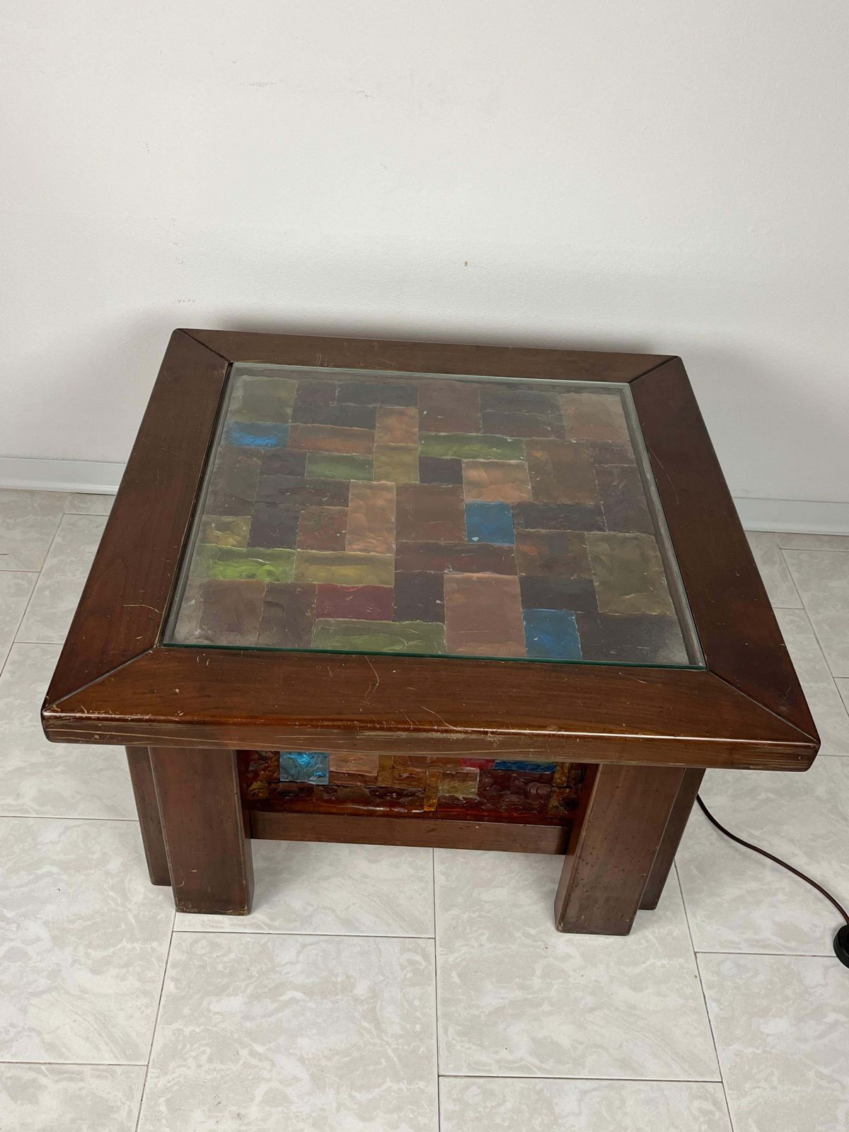 4 Light Coffee Table In Wood And Multicolor Mosaic Glass, Italy, 1980s photo Furniture