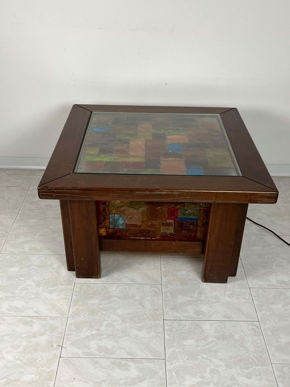 4 Light Coffee Table In Wood And Multicolor Mosaic Glass, Italy, 1980s photo 2476.0