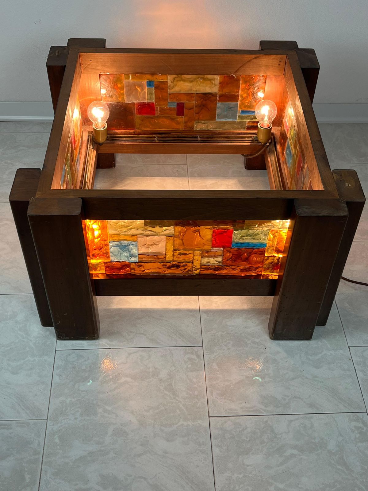Furniture 4 Light Coffee Table In Wood And Multicolor Mosaic Glass, Italy, 1980s photo