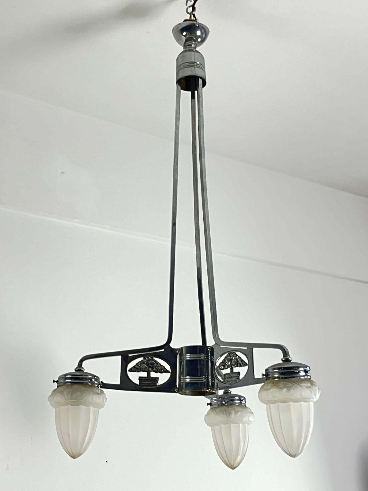 Art Deco Chandelier In Nickel Plated Bronze Attributed To P. Maynadier 1930s photo vintage