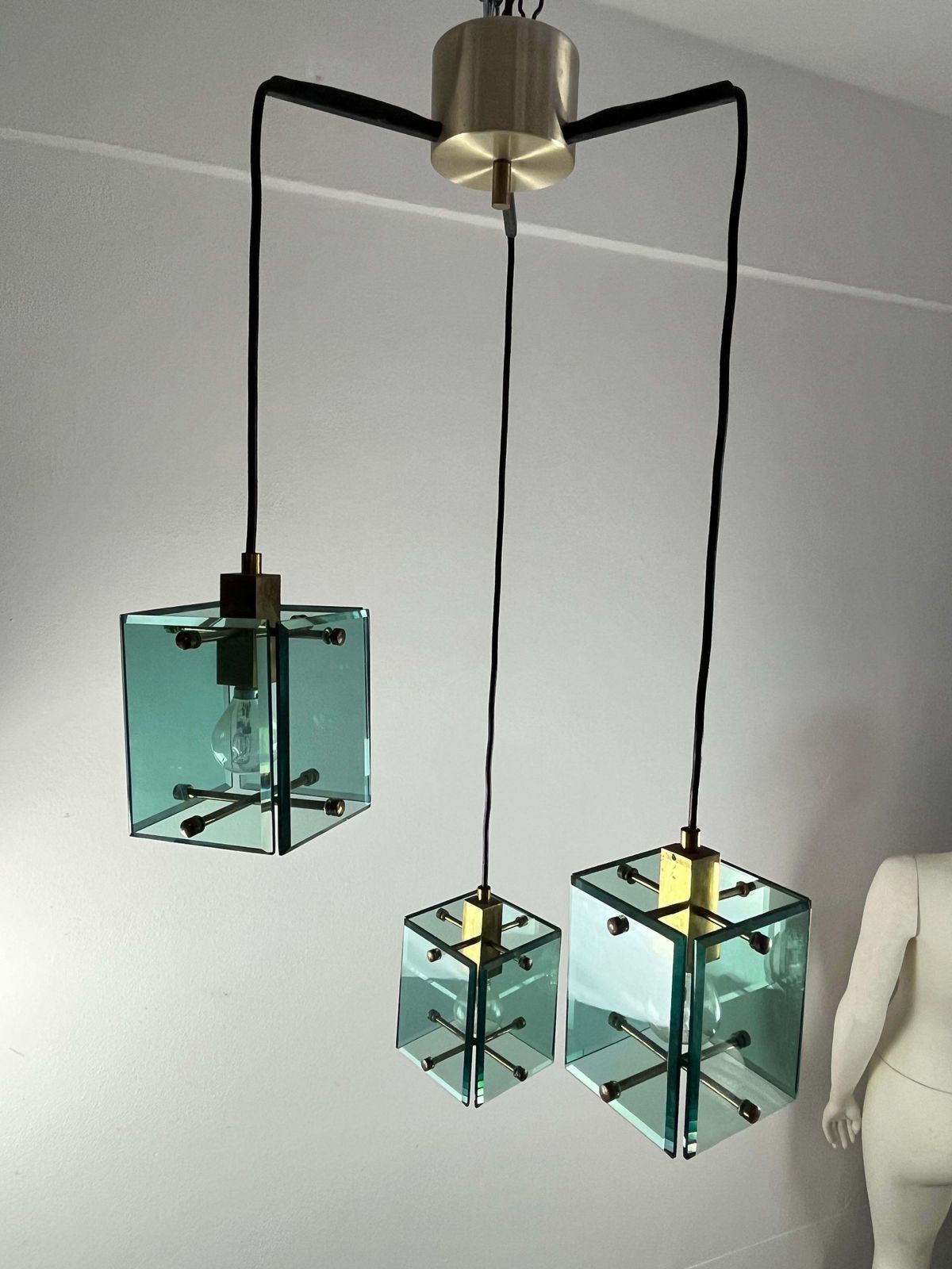 1622.0 Vintage 3 Light Fontana Arte  Pendant Chandelier  1960s photo