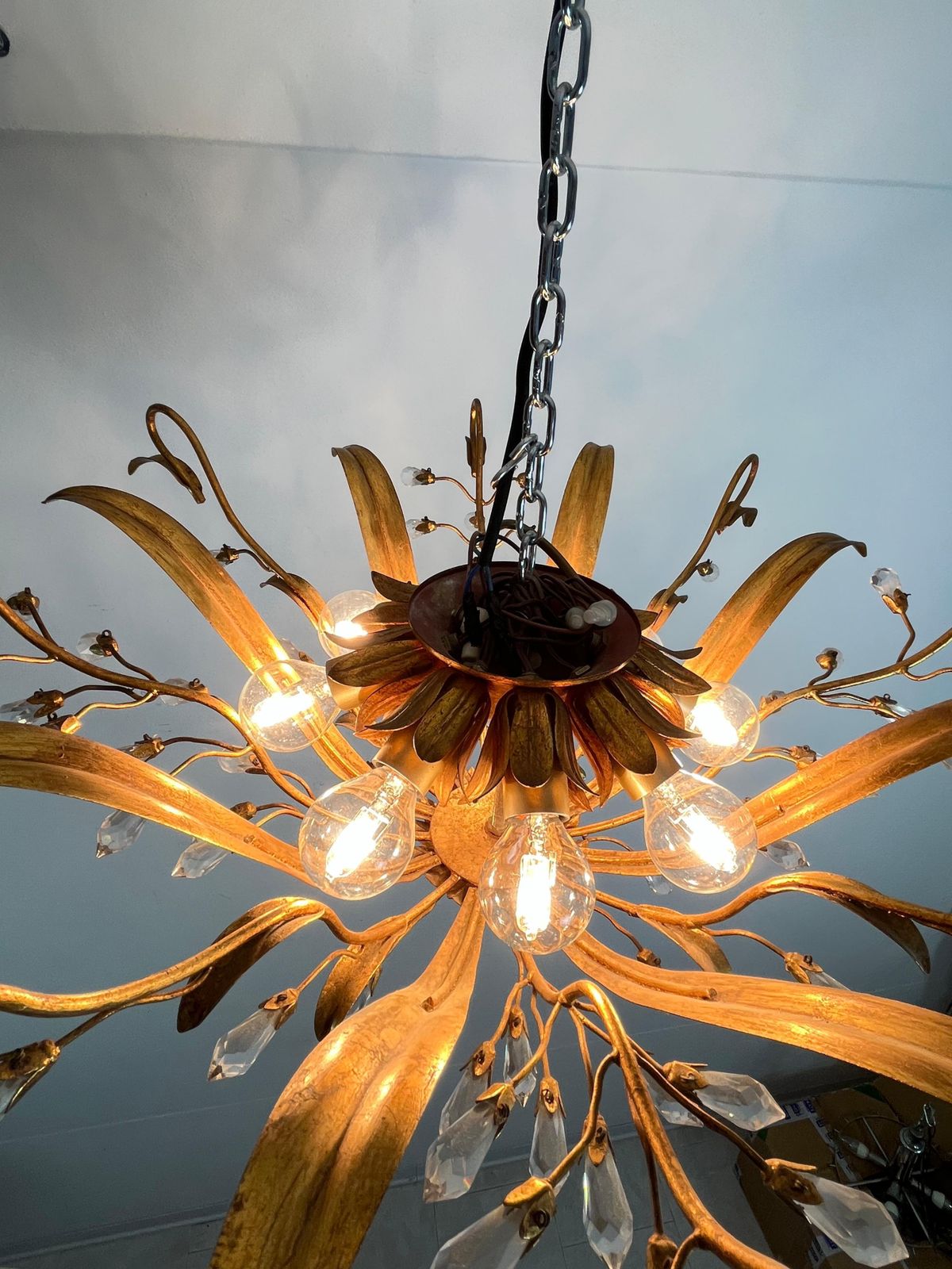 Set Of 2 Large 8 Light Mid Century Maison Baguès Crystal And Iron Ceiling Lights photo vinterior