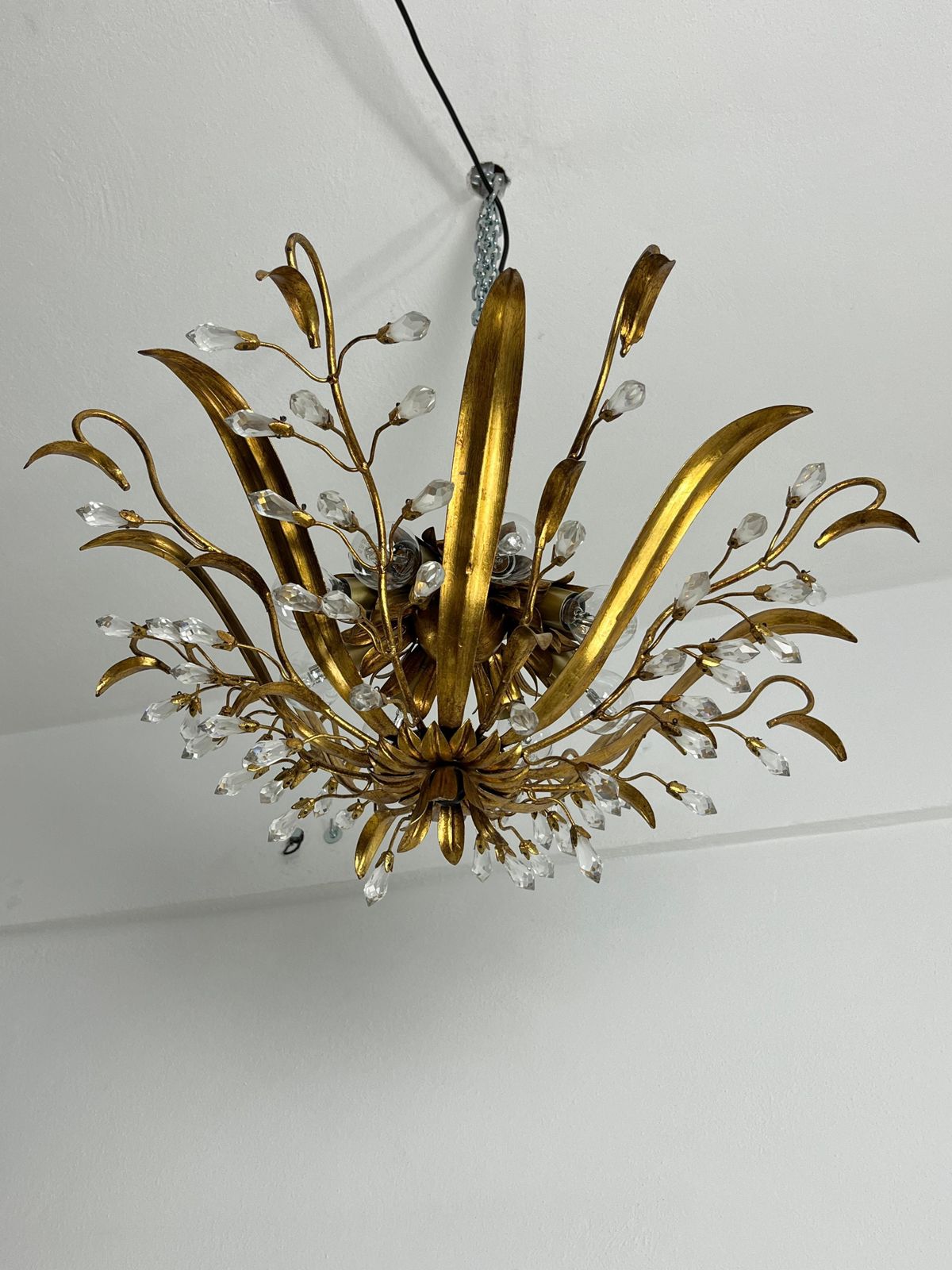Set Of 2 Large 8 Light Mid Century Maison Baguès Crystal And Iron Ceiling Lights photo vintage