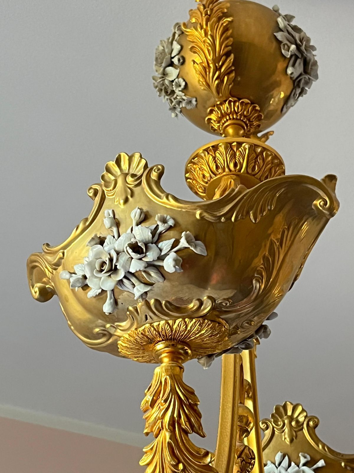 Large Two Light Brass And Porcelain Chandelier, Italy, 1980s photo for sale