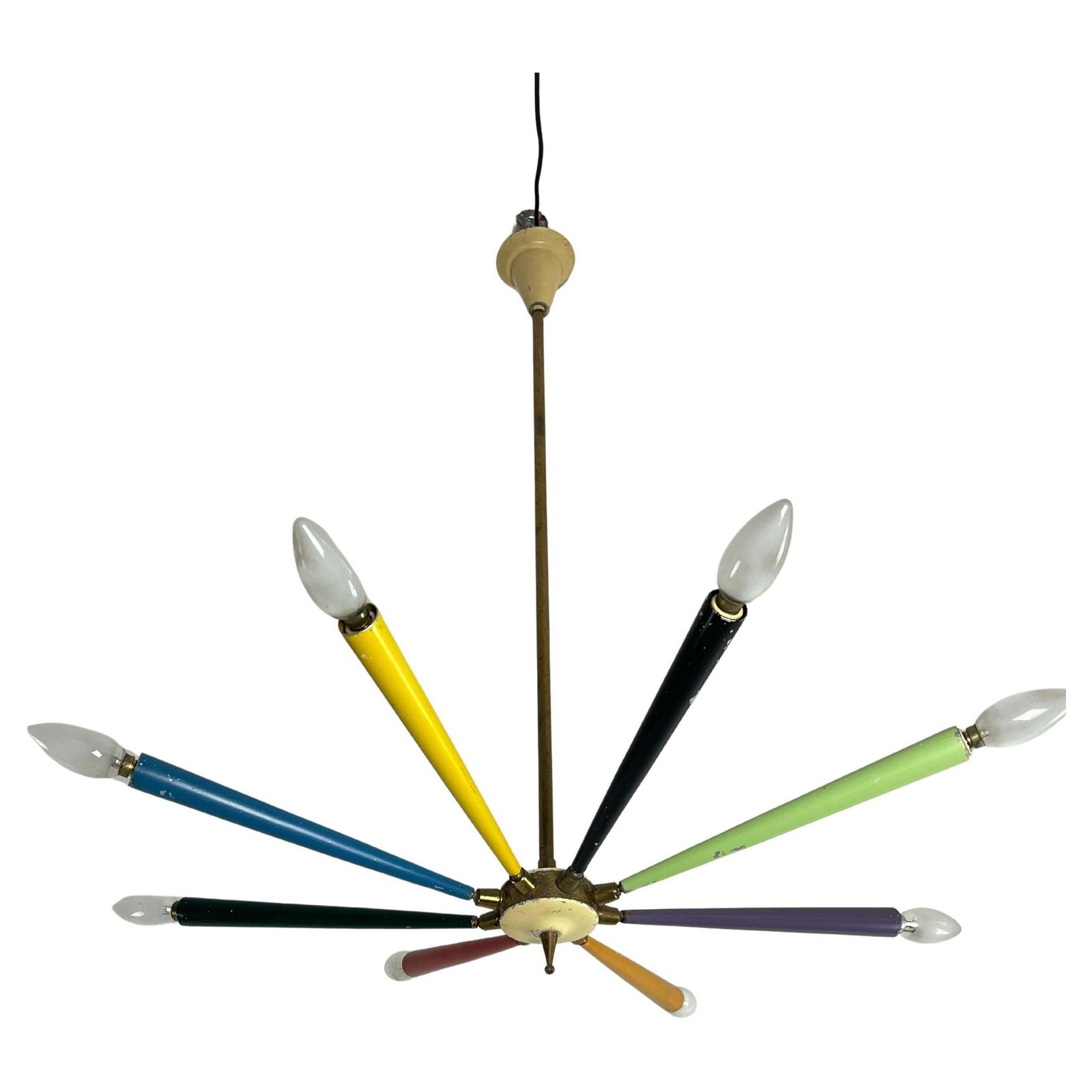 Mid Century Sputnik Chandelier 8 Brass Arms, Colored Enamels, Arredoluce 1950s