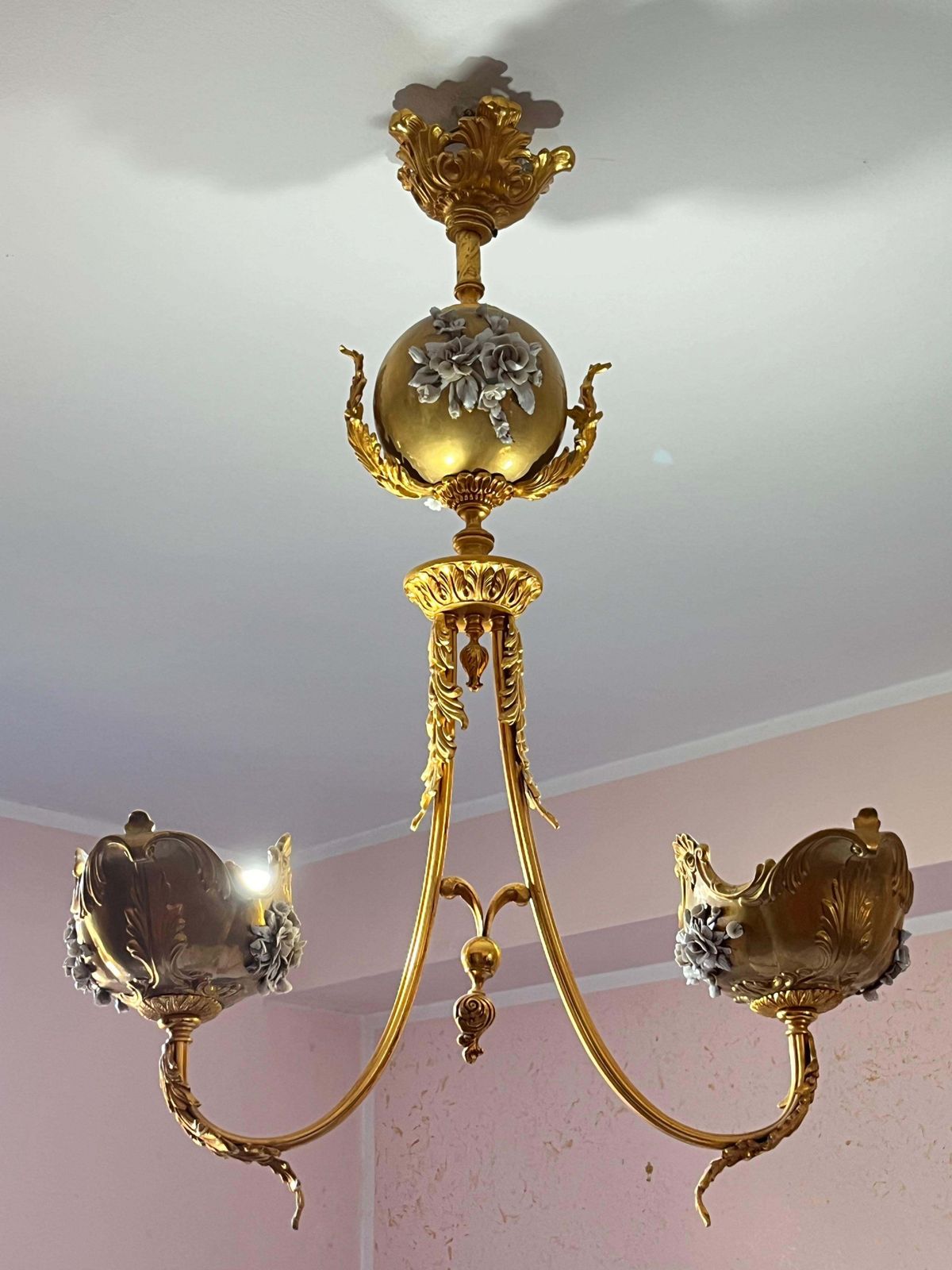 Large Two Light Brass And Porcelain Chandelier, Italy, 1980s photo buy