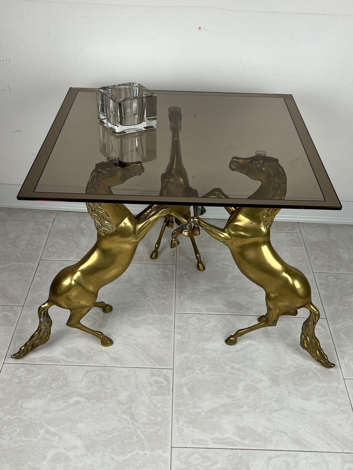Mid Century Italian Coffee Table In Brass And Smoked Glass Top 1960s photo for sale