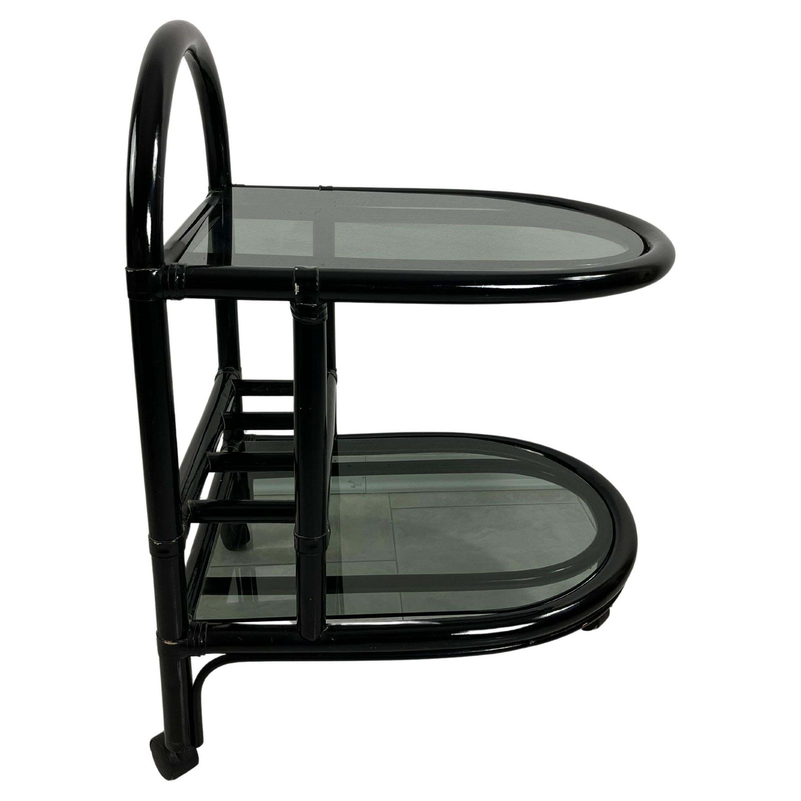 Mid Century Italian "Roberti" Bamboo Bar Cart With 2 Smoked Glass Tops, 1960s