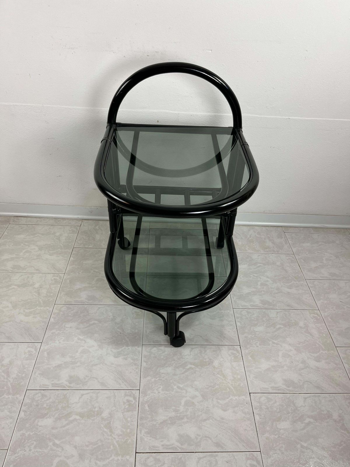 Mid Century Italian "Roberti" Bamboo Bar Cart With 2 Smoked Glass Tops, 1960s photo 828.0