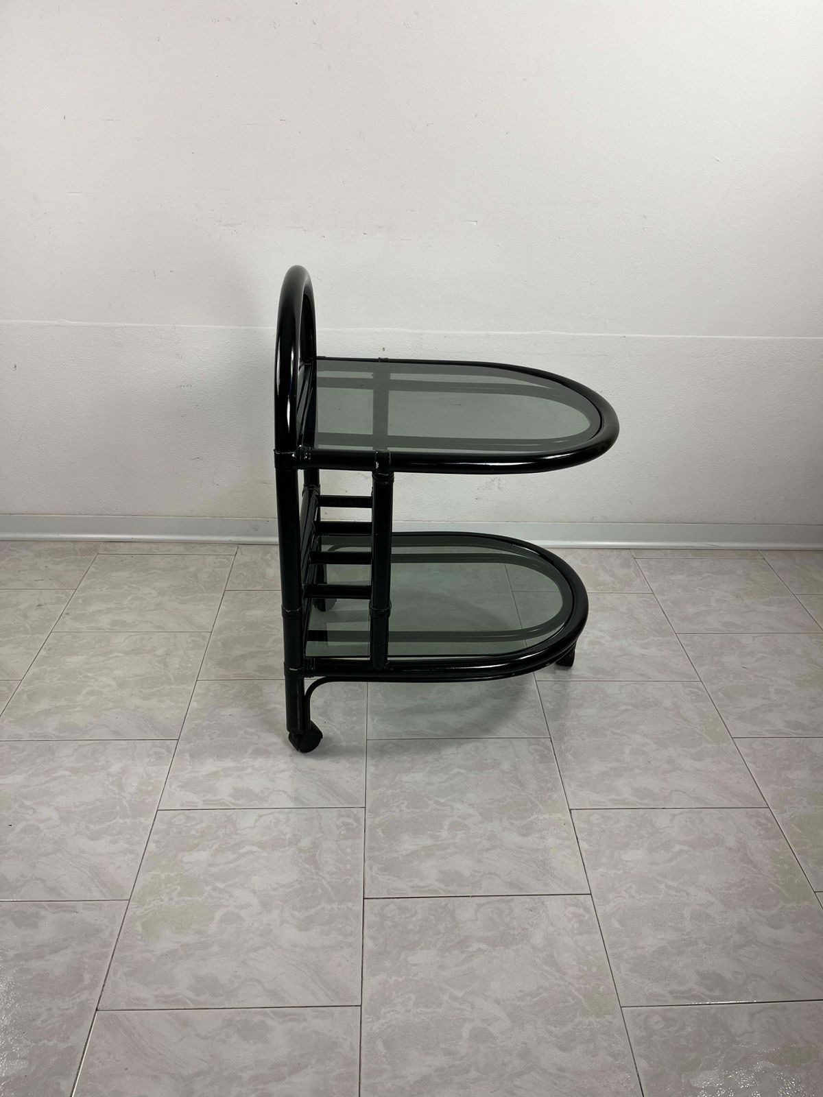 Mid Century Italian "Roberti" Bamboo Bar Cart With 2 Smoked Glass Tops, 1960s photo vintage