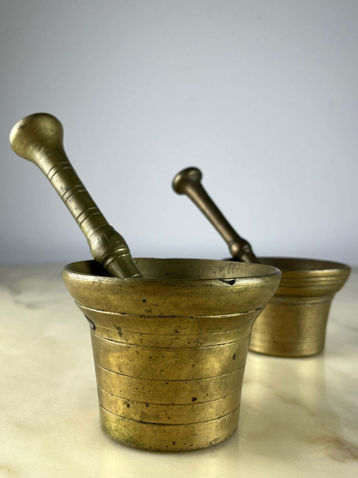 Two Mortars With Pestles, Brass, Genoese "Pesto" Production, Italy, 1950s photo for sale