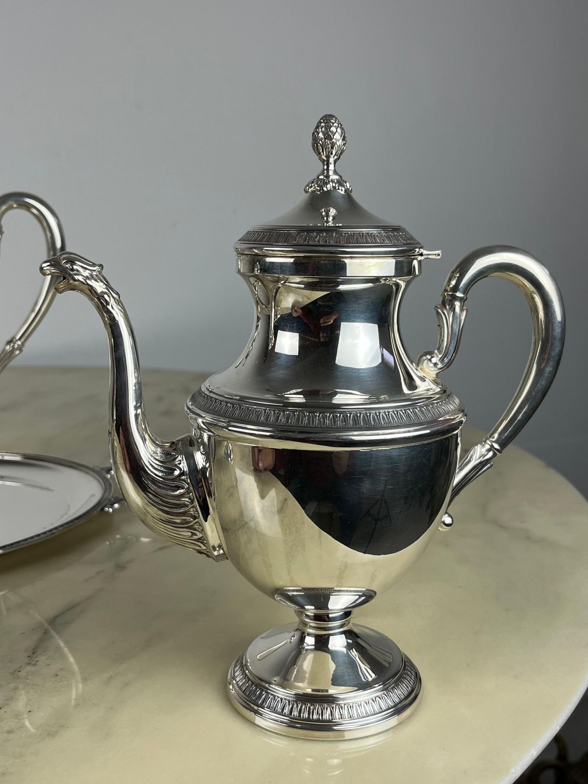 4 Piece Tea And Coffee Service Plus Tray, Empire Style, 800 Silver, Italy, 1980 photo vinterior