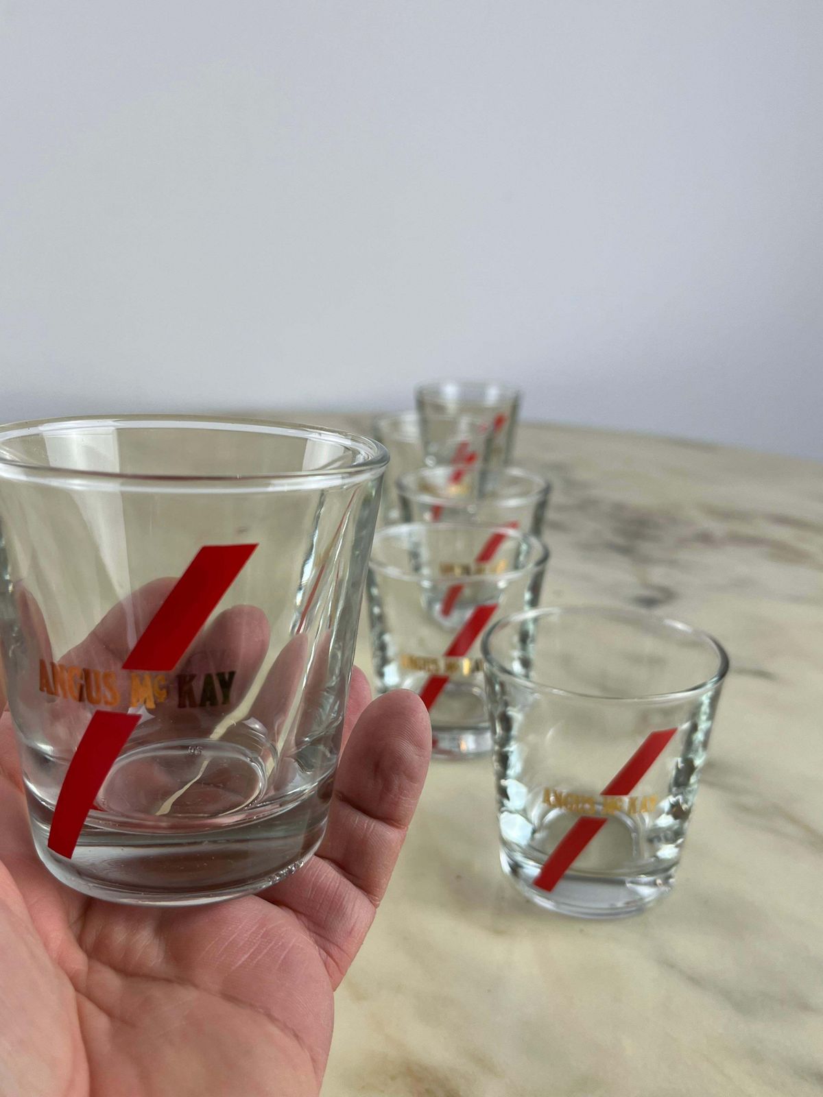 Six Vintage Whiskey Glasses, Boxed, Never Used, Augus Mc Kay, 1970 photo for sale