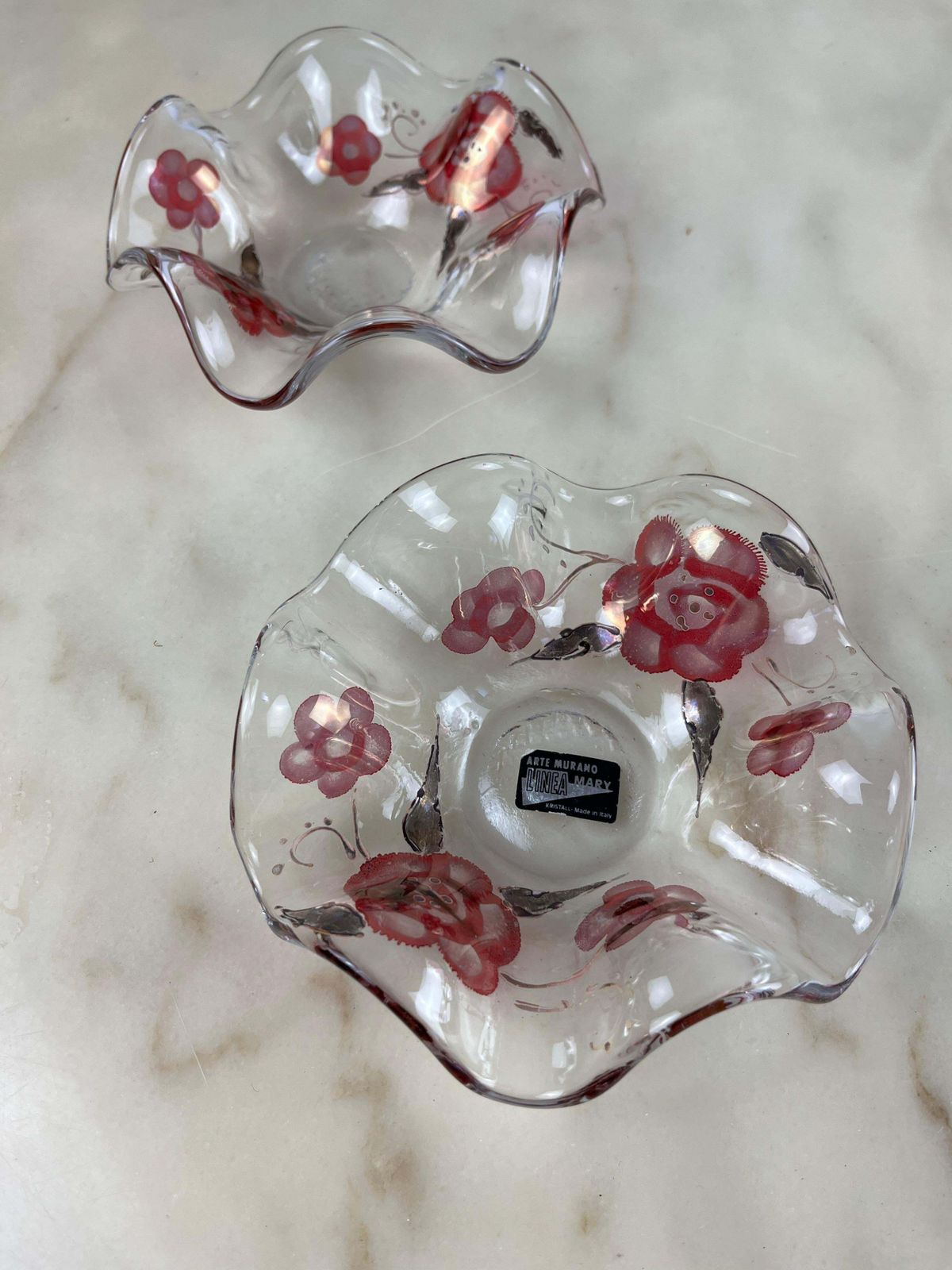 Pair Of Decorated Murano Crystal Ashtrays/Pocket Trays, Italy, 1960s photo vintage