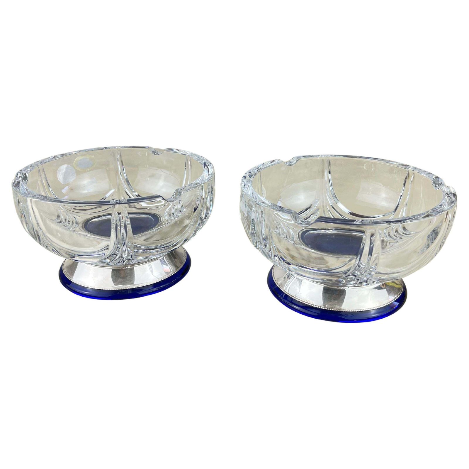 Pair Of Bohemian Crystal And Sterling Silver Ashtrays, 1980s