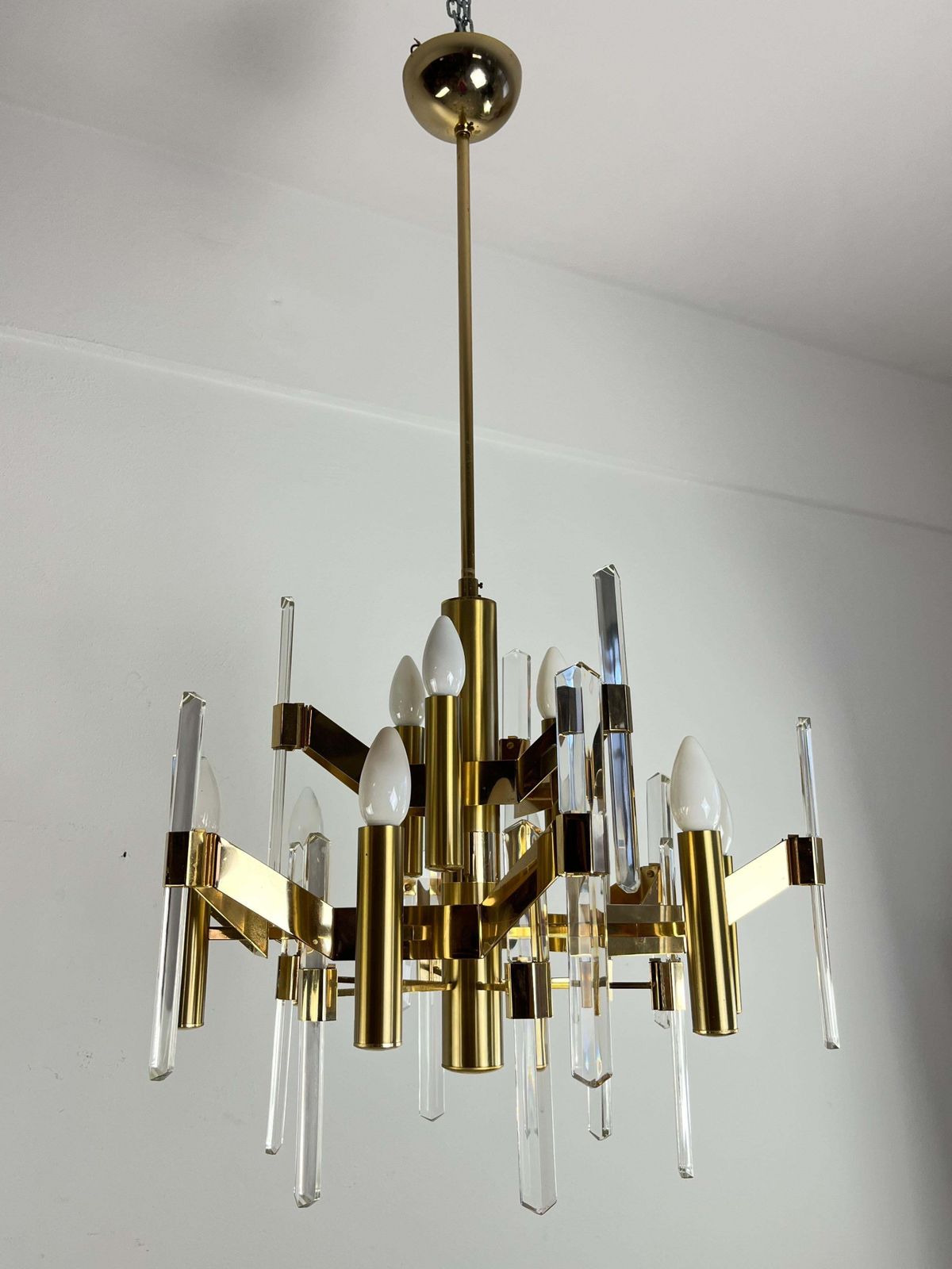 9 Light Chandelier By Gaetano Sciolari In Golden Brass And Crystal, 1970s photo 1998.0