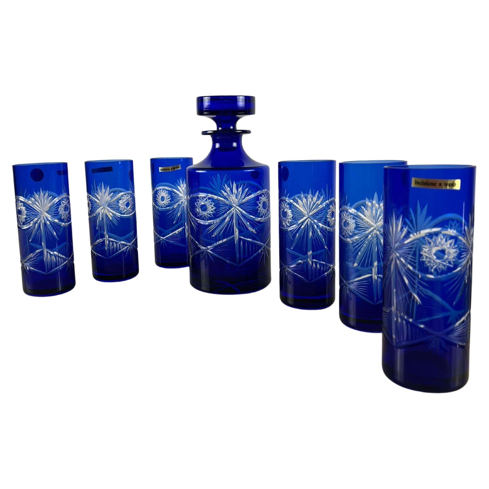 Set Of Bottle And 6 Glasses In Colored And Hand Engraved Crystal, Italy, 1980s