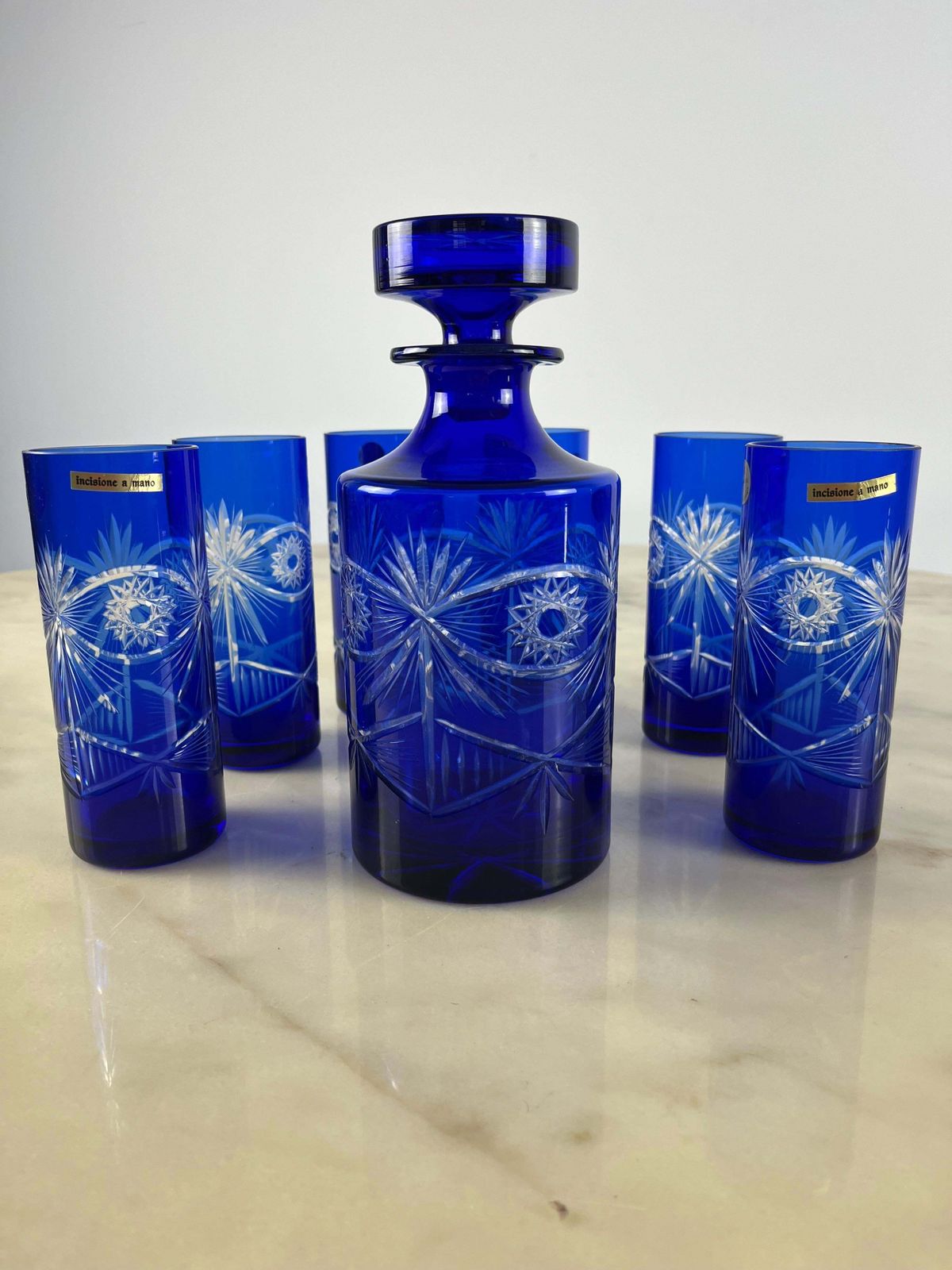 Set Of Bottle And 6 Glasses In Colored And Hand Engraved Crystal, Italy, 1980s photo vintage
