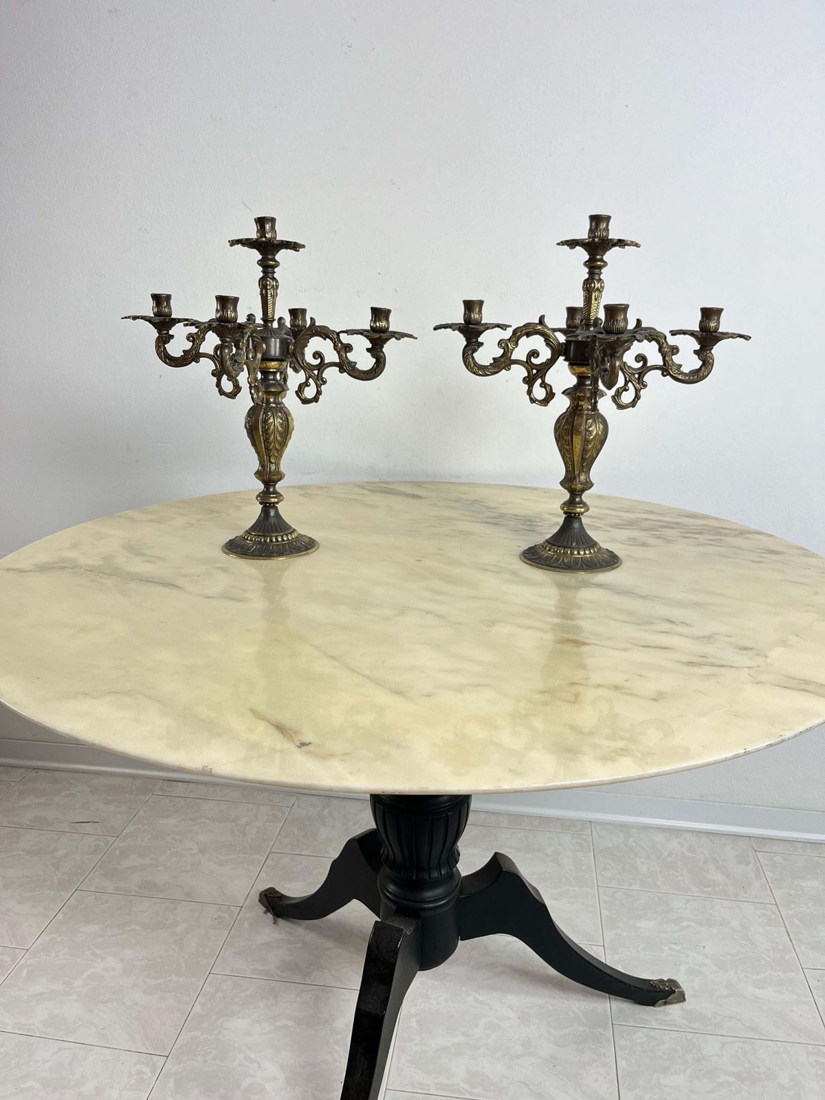 Set Of 2 Large Mid Century Bronze 5 Flame Candlesticks 1960s photo furniture