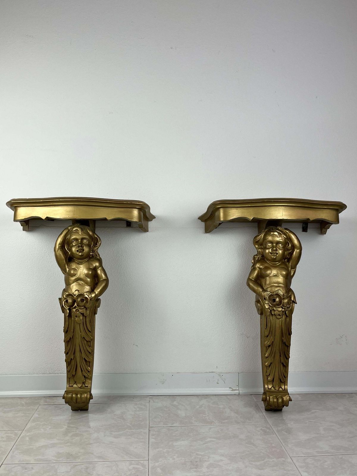 Set Of 2 Mid Century Gilded Wood Wall Consoles, 1940s photo for sale