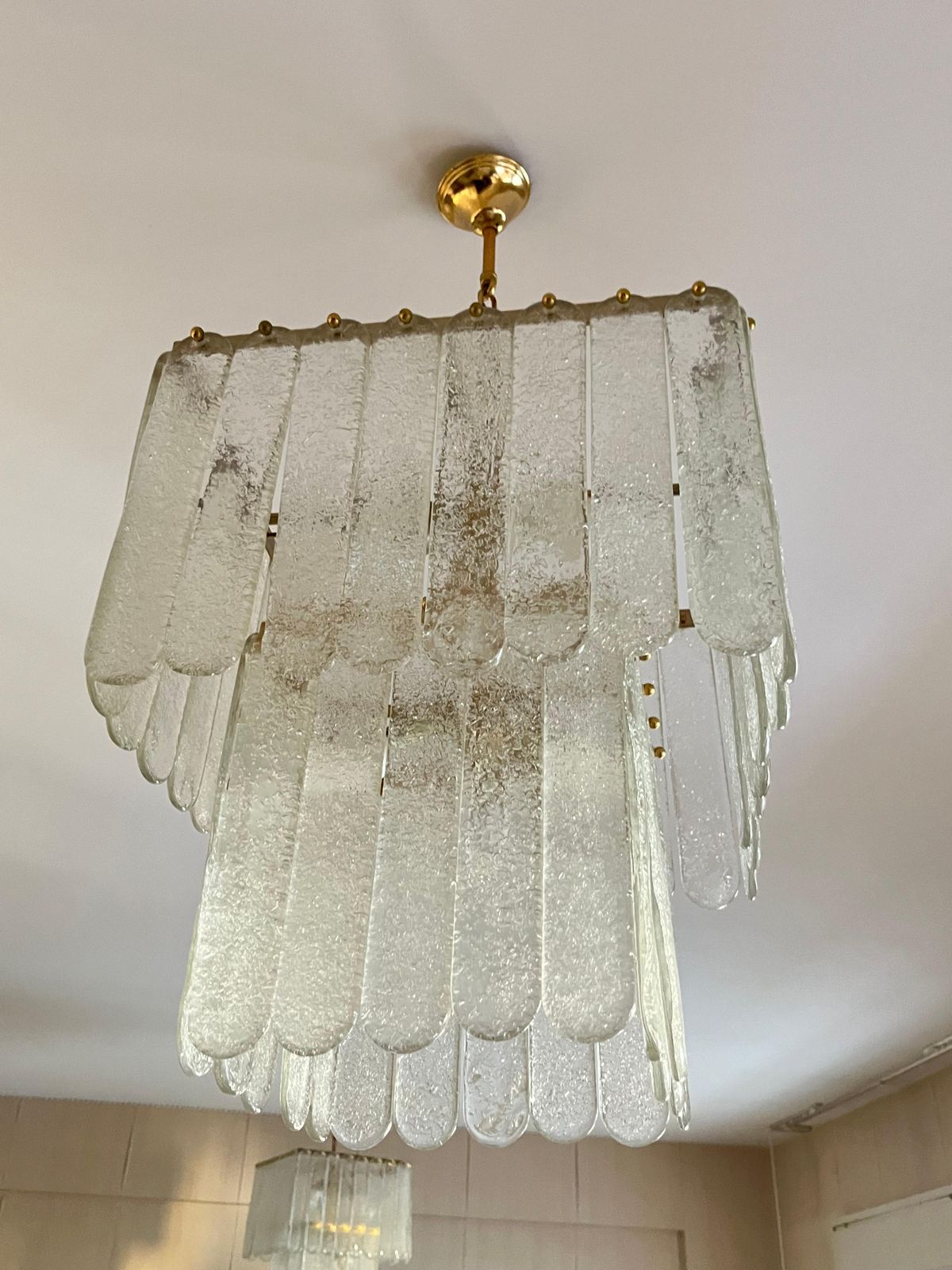 Set Of 2 Mid Century Monumental Murano Glass And Brass Chandeliers, 1960s photo for sale