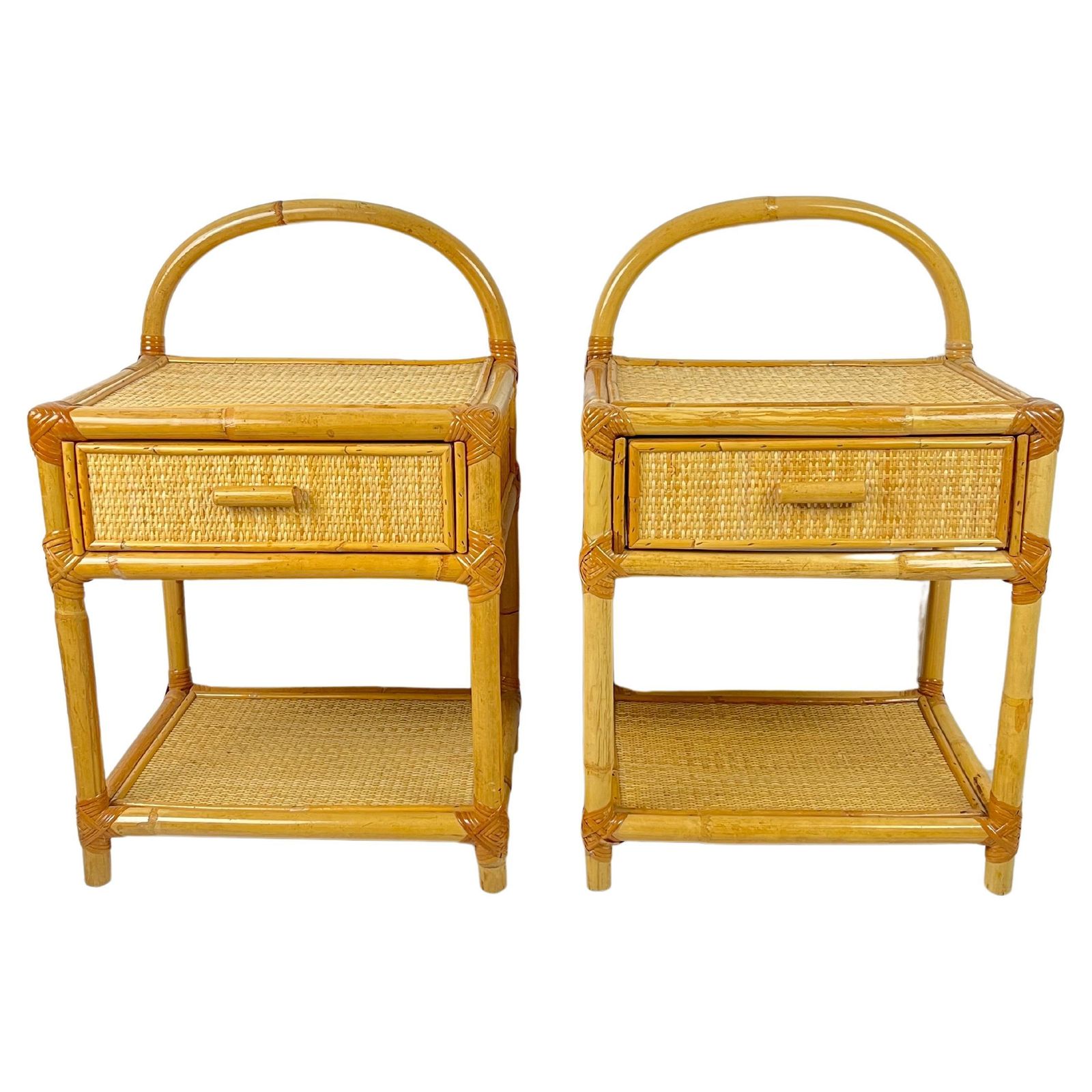 Pair Of Vintage Italian  Bamboo And Rattan Bedside Tables 1970s