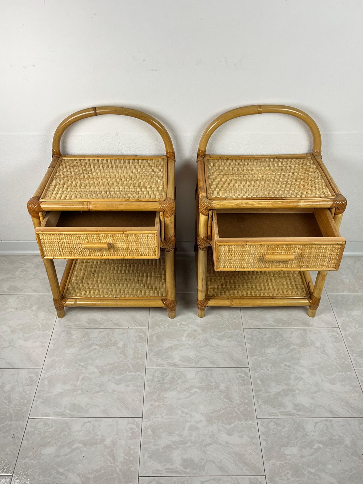 Pair Of Vintage Italian  Bamboo And Rattan Bedside Tables 1970s photo furniture