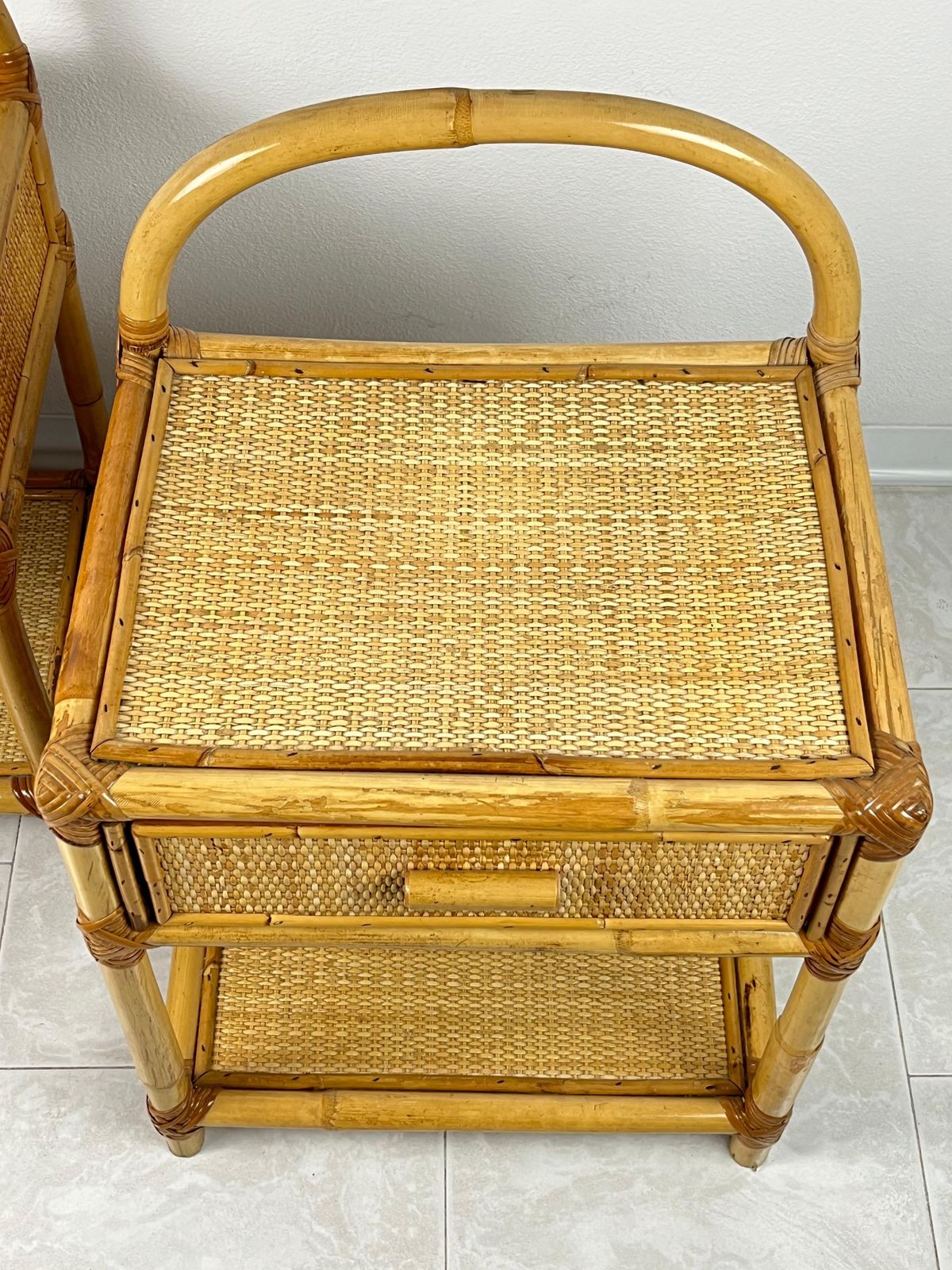 photo furniture Pair Of Vintage Italian  Bamboo And Rattan Bedside Tables 1970s