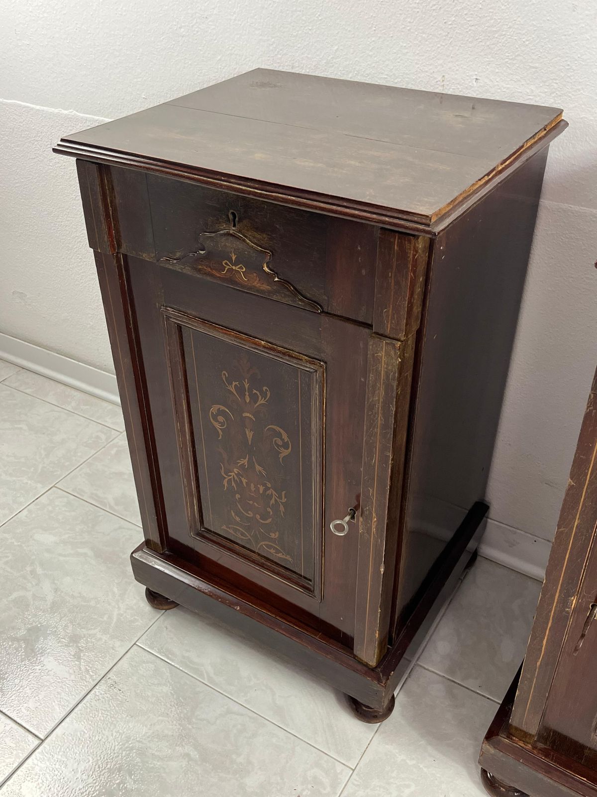Set Of 2 English Edwardian Bedside Tables With Inlays, 1930s photo furniture