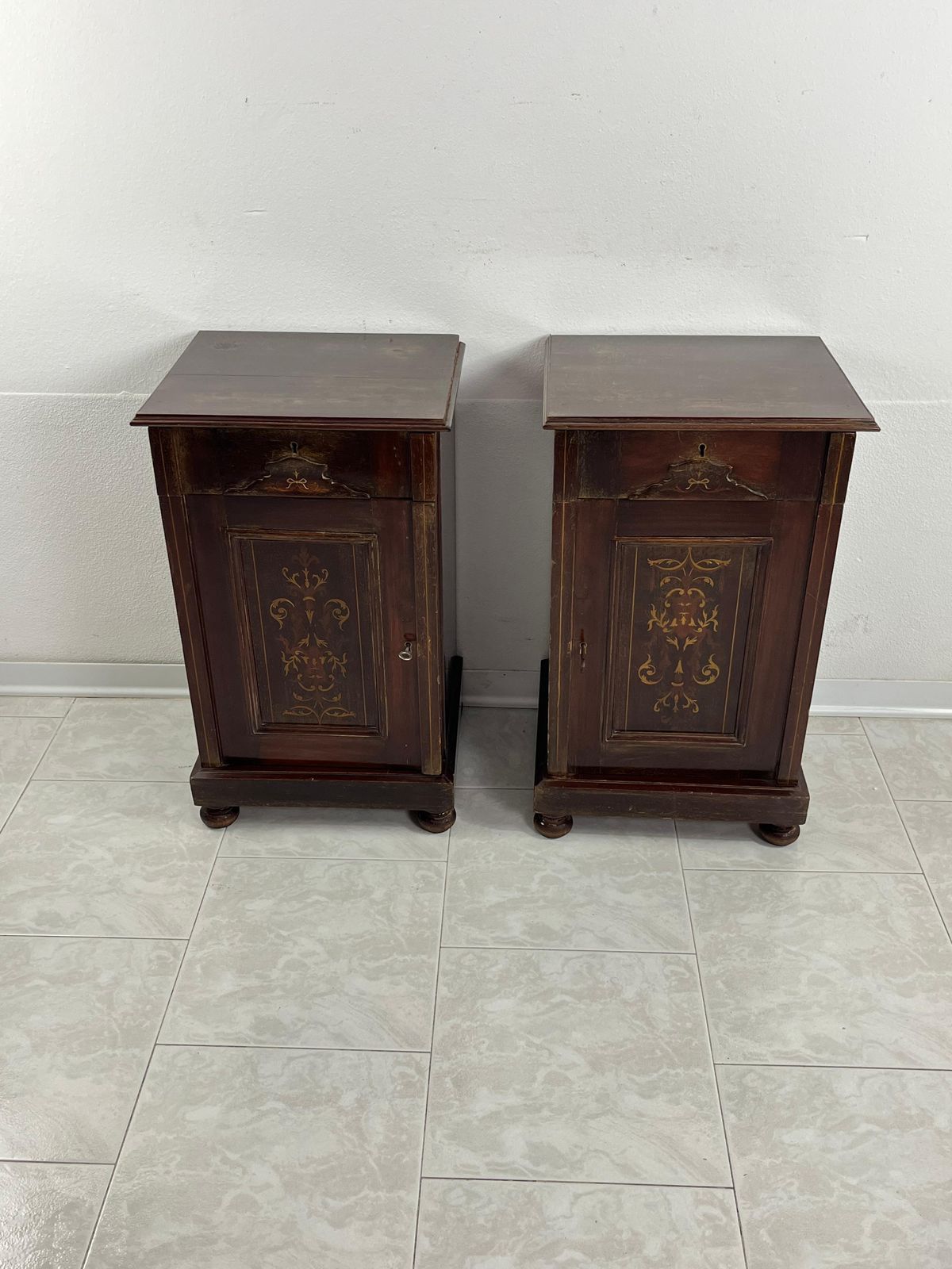 Set Of 2 English Edwardian Bedside Tables With Inlays, 1930s photo buy