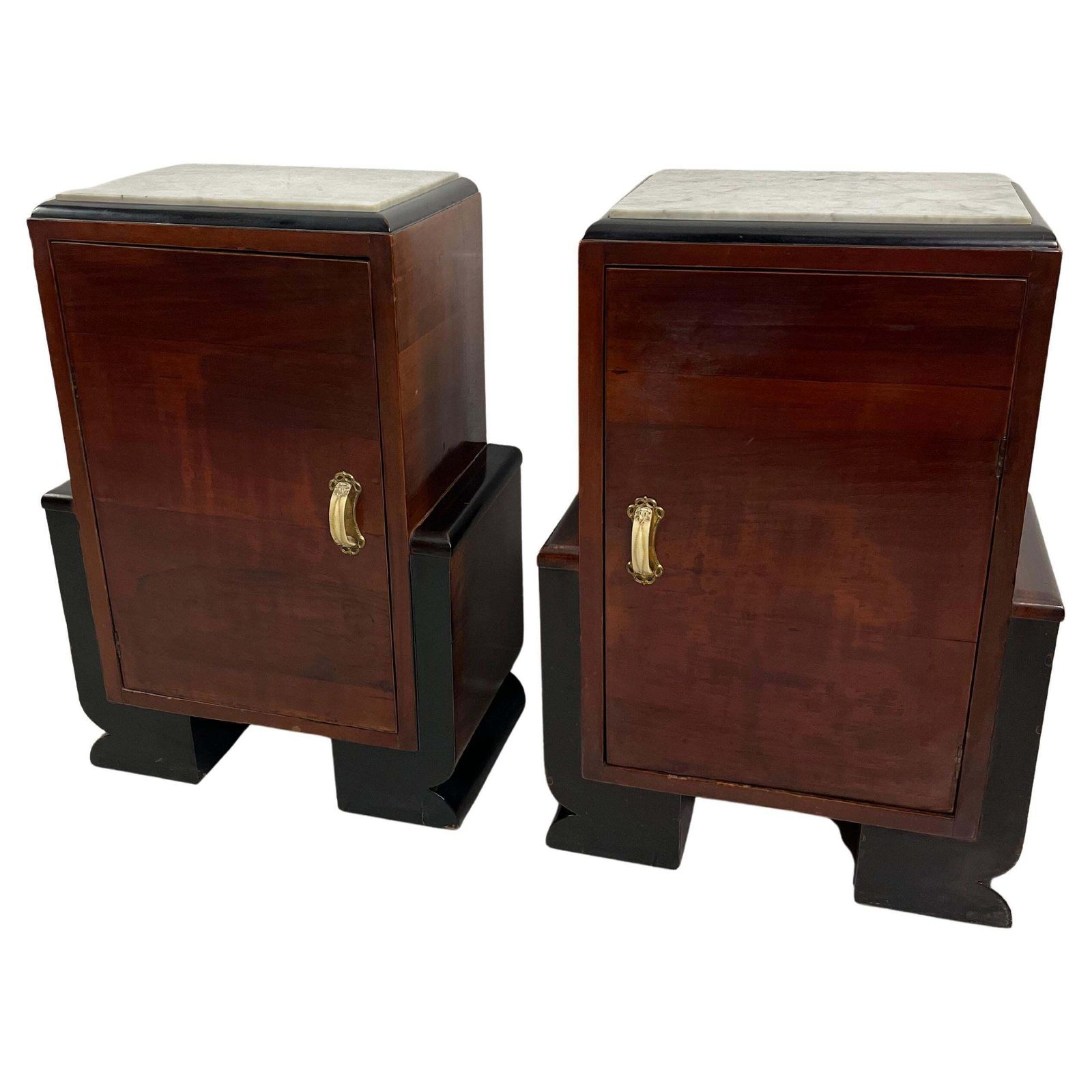 Set Of 2 Italian Art Deco Bedside Tables With Marble Top, 1930s