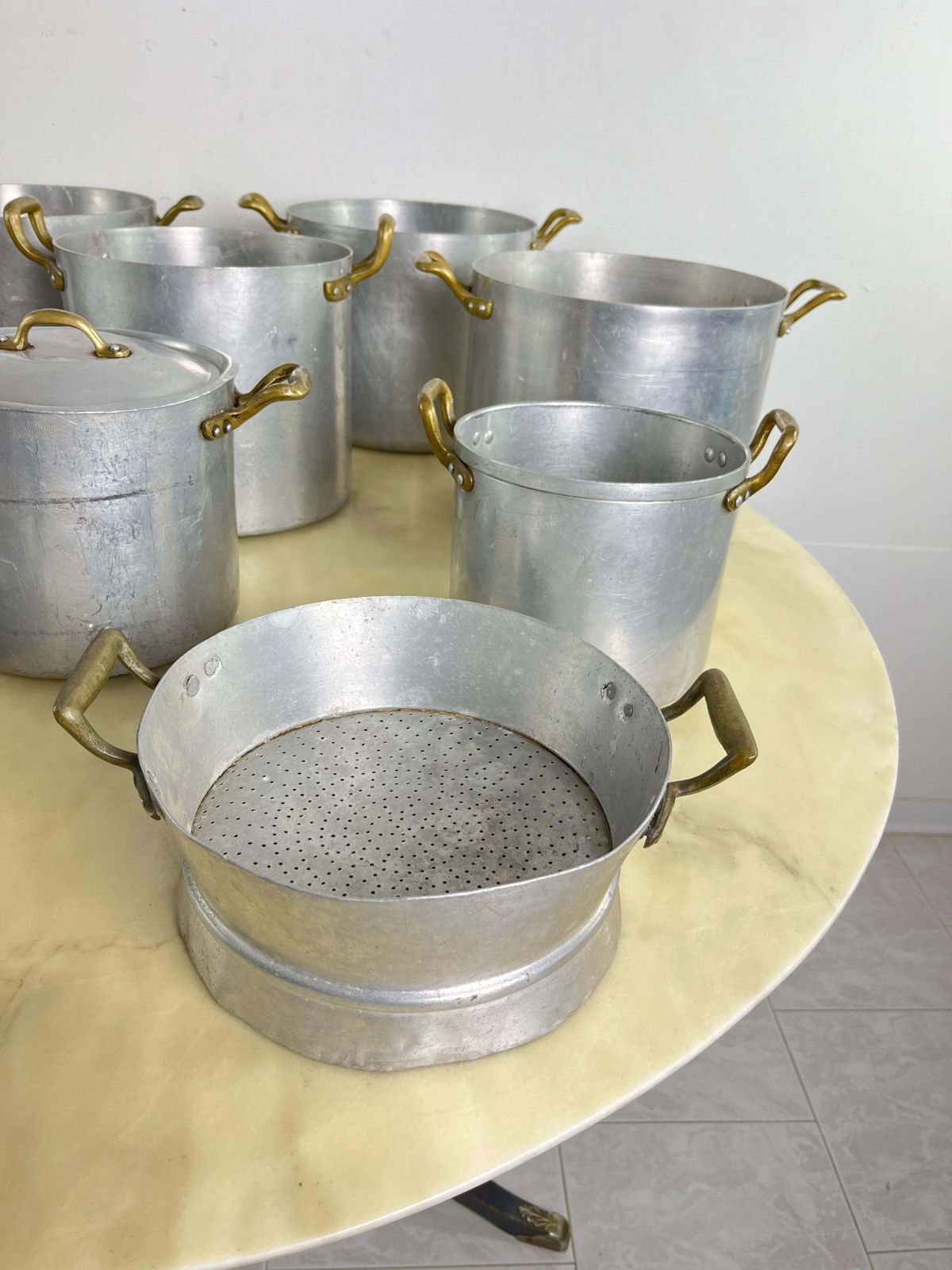 Set Of 10 Mid Century Aluminum And Brass Pots, Baking Pan And Sieve 1940s photo for sale
