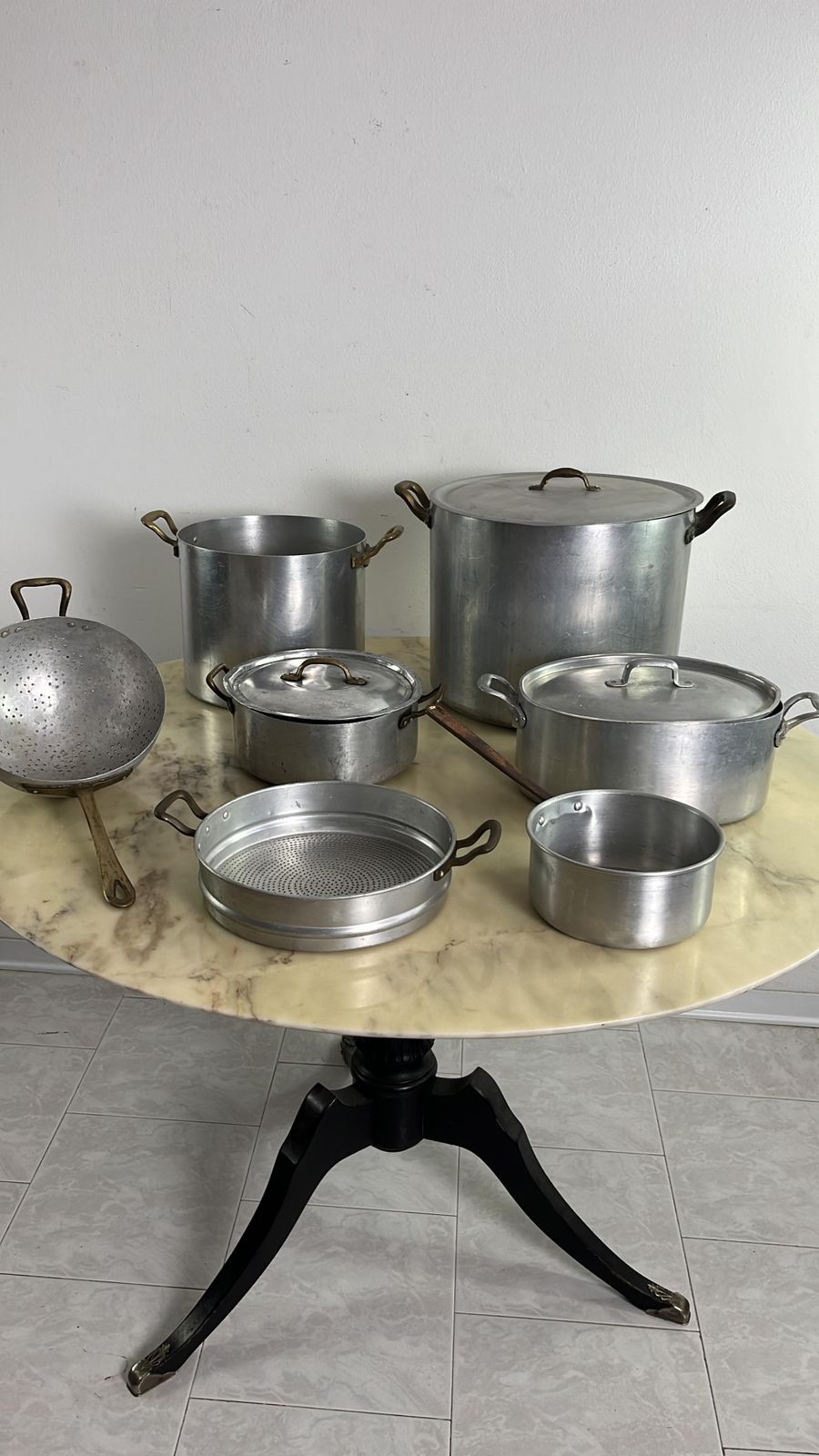 Set Of 7 Mid Century Aluminum And Copper Cooking Pots, Italian Production, 1930s photo furniture