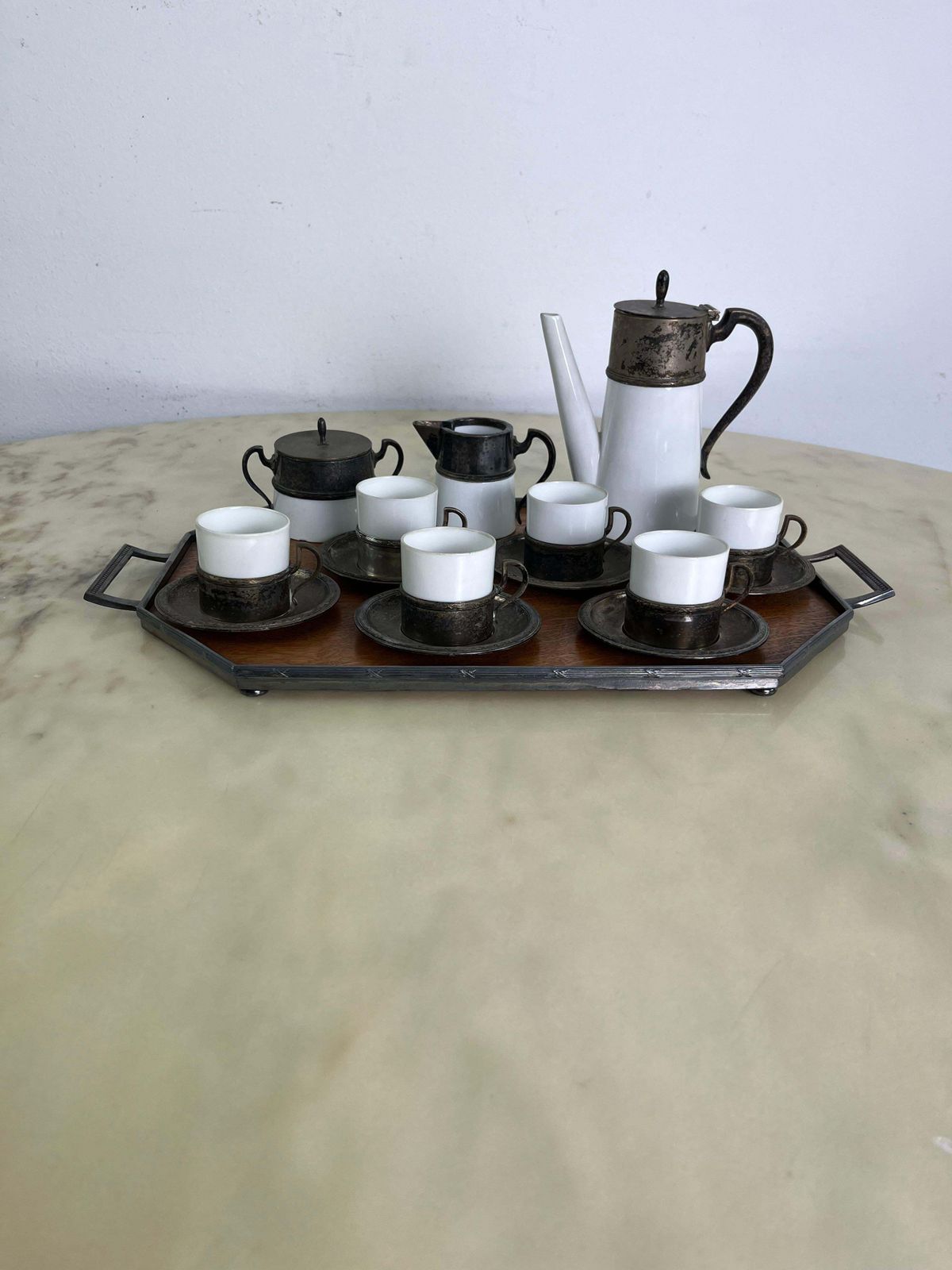 Art Deco Coffee Set For Six In Ceramic, Metal And Wood 1940s photo for sale