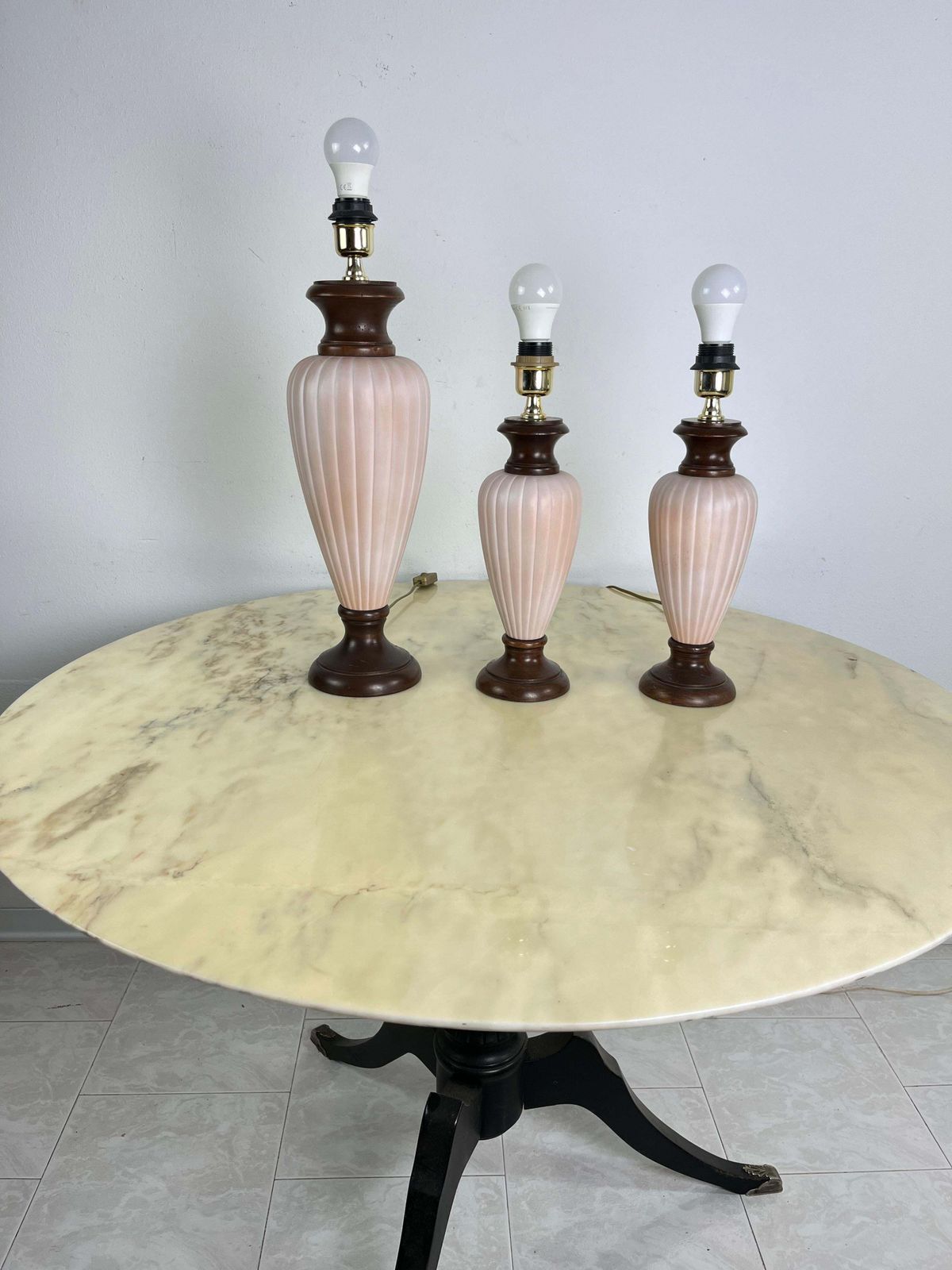 Set Of 3 Mid Century Italian Table Lamps In Wood And Ceramic 1960s photo for sale