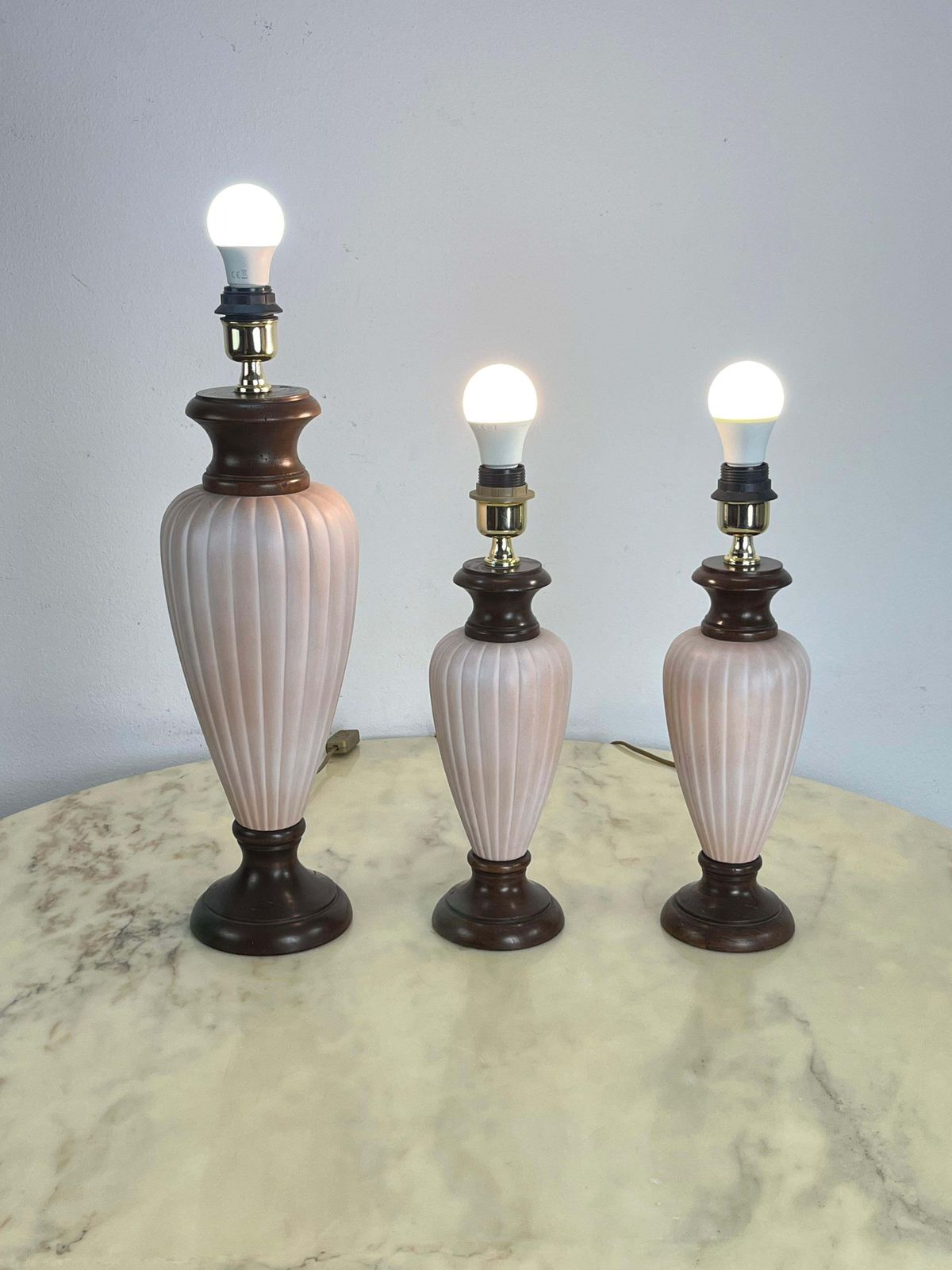 Set Of 3 Mid Century Italian Table Lamps In Wood And Ceramic 1960s photo vinterior