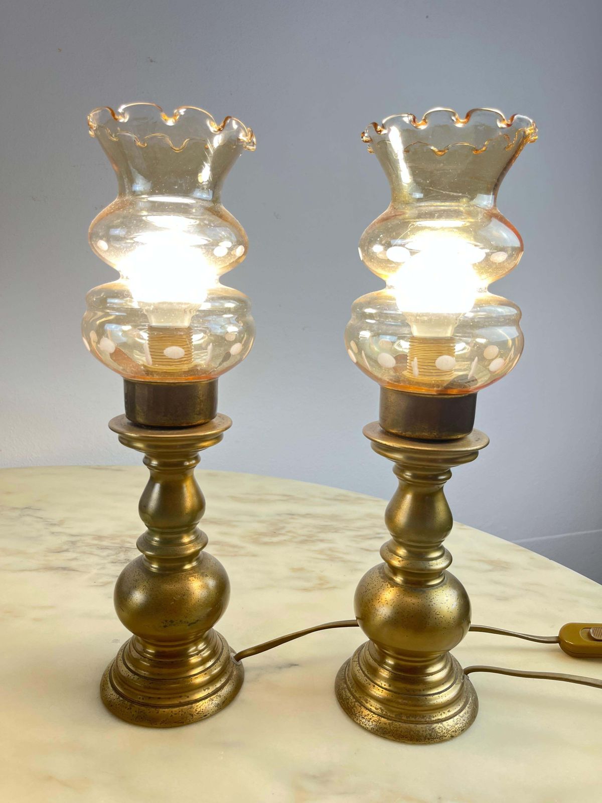 Pair Of Italian Bedside Table Lamps In Brass And Glass 1980s photo furniture