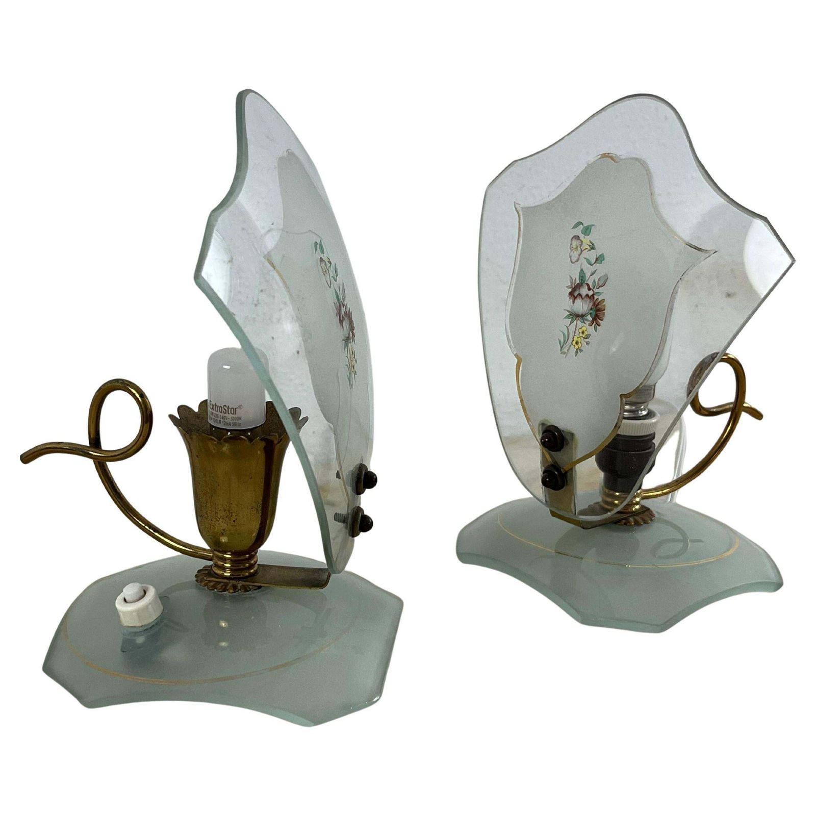 Set Of 2 Glass And Brass Bedside Lamps, In The Style Of Pietro Chiesa, 1950s