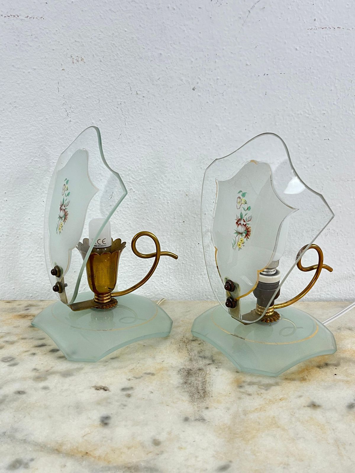 Set Of 2 Glass And Brass Bedside Lamps, In The Style Of Pietro Chiesa, 1950s photo furniture
