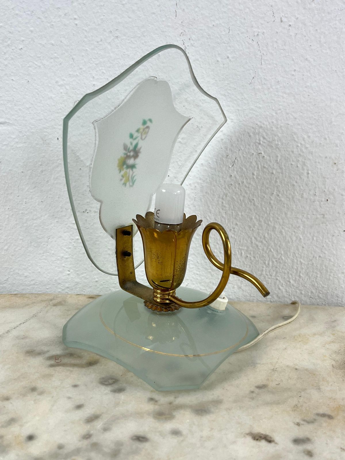 Set Of 2 Glass And Brass Bedside Lamps, In The Style Of Pietro Chiesa, 1950s photo vintage