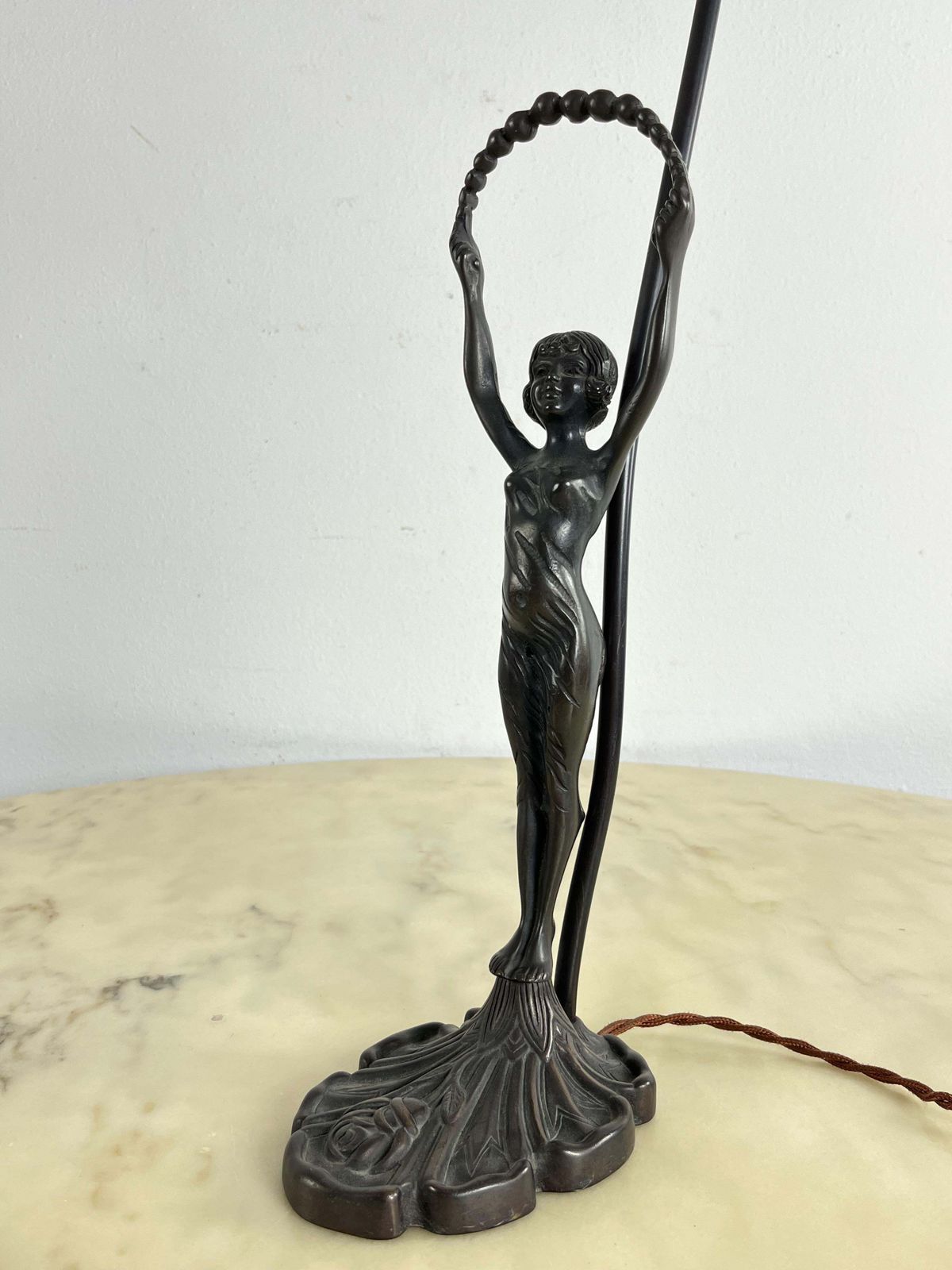Table Lamp With Art Deco Bronze Statuette And White Art Glass Tulip Bowl 1940s photo vintage